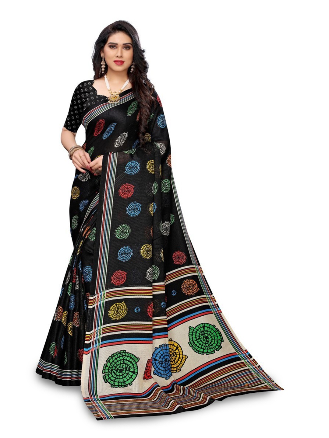 

KALINI Ethnic Motifs Printed Silk Cotton Kanjeevaram Saree, Black
