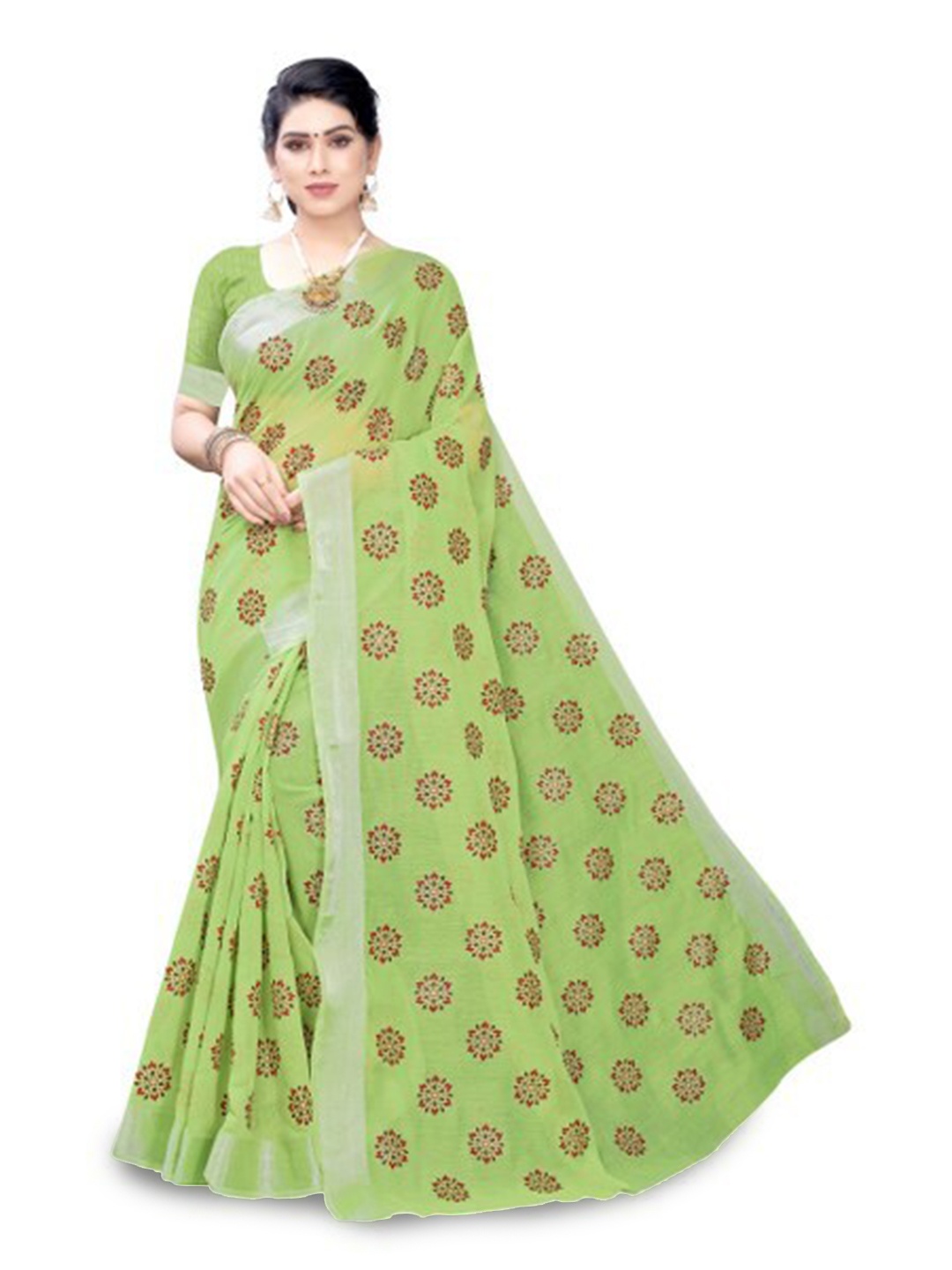 

KALINI Ethnic Motifs Printed Zari Silk Cotton Saree, Green
