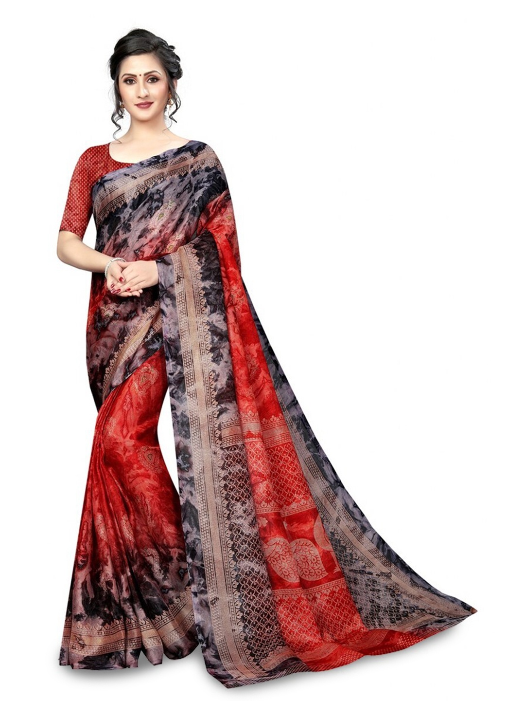 

KALINI Ethnic Motifs Printed Silk Cotton Kanjeevaram Saree, Red