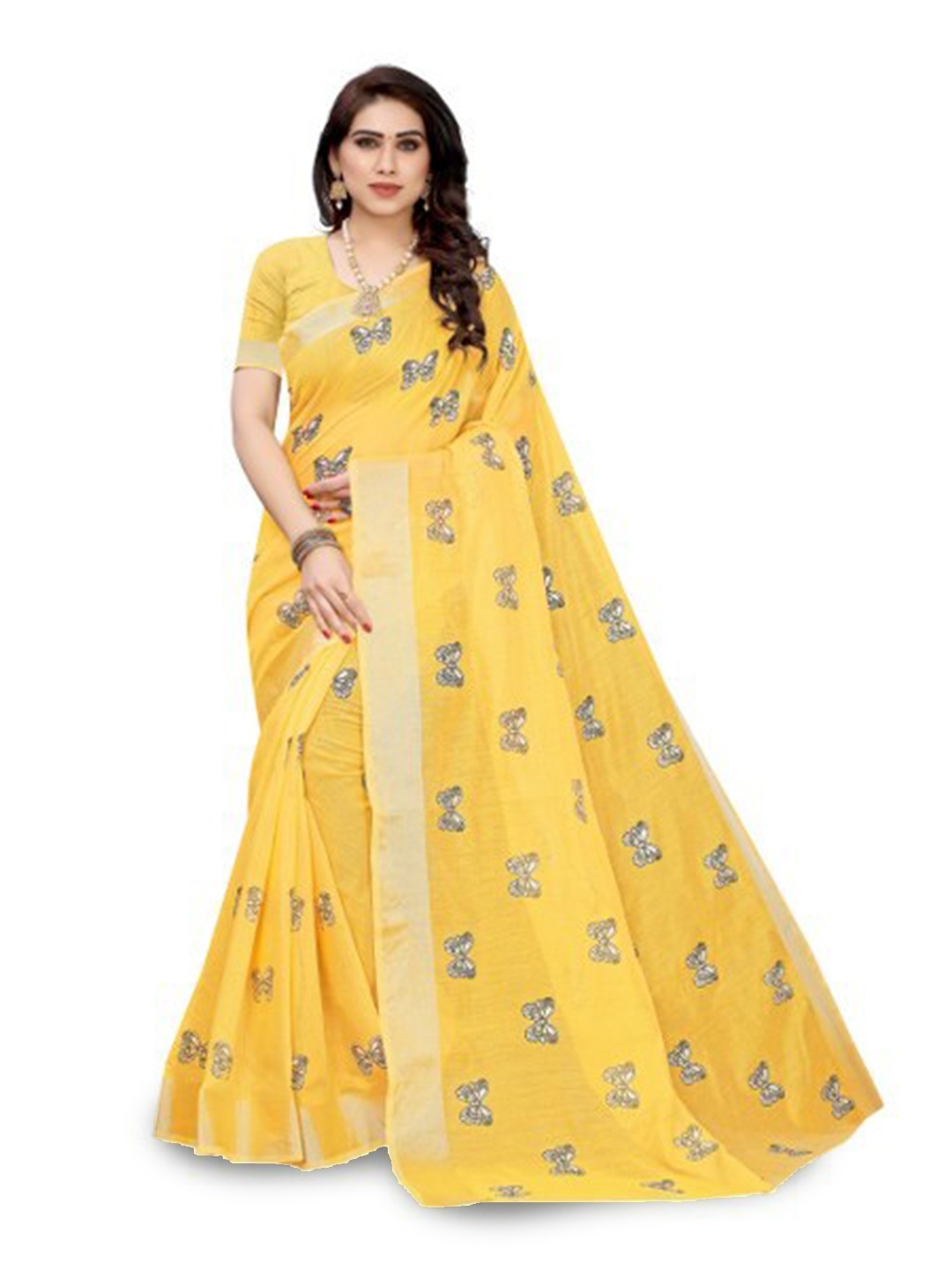 

KALINI Floral Printed Silk Cotton Saree, Yellow