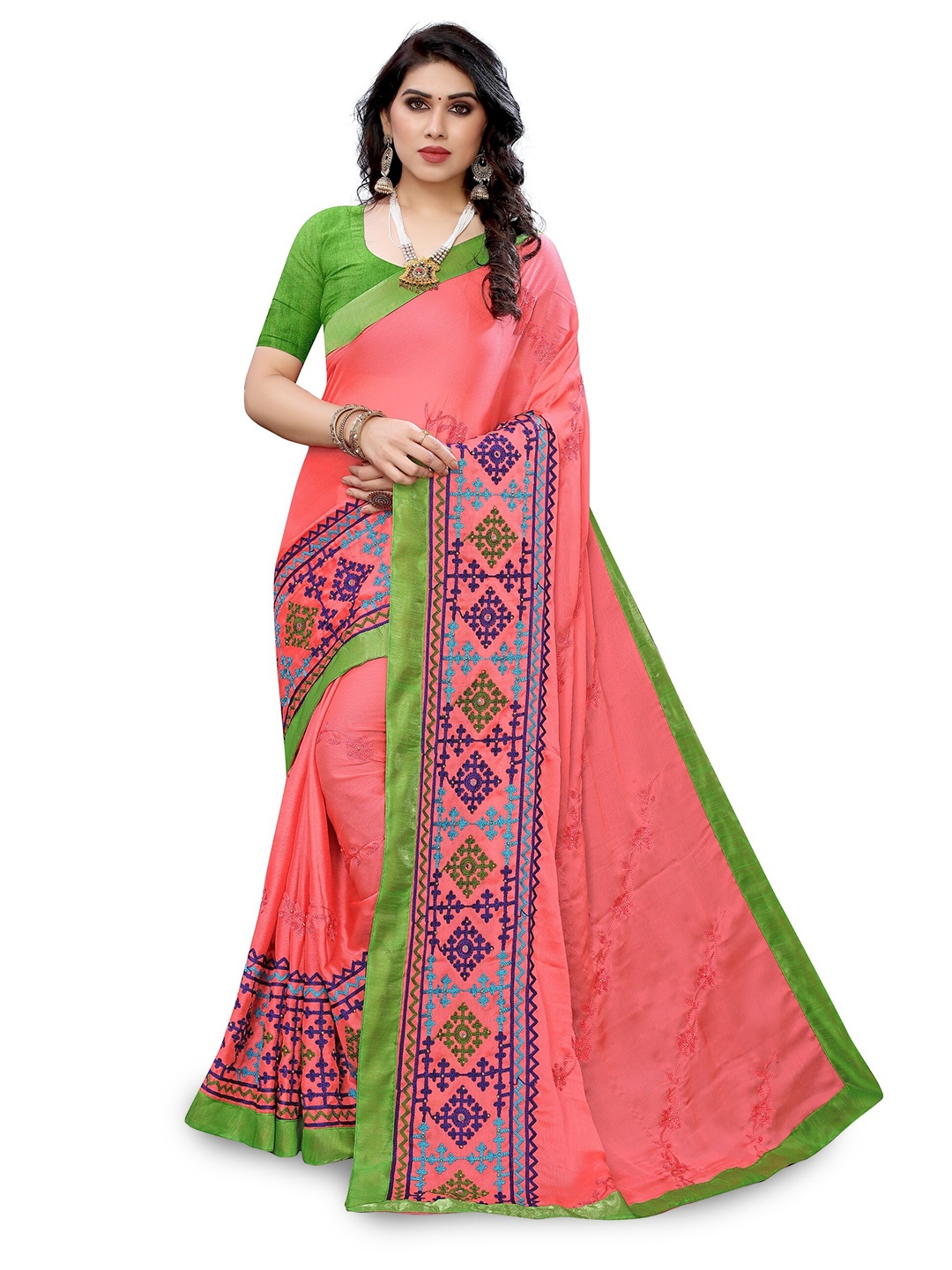 

KALINI Floral Kutchi Embroidered Silk Cotton Kanjeevaram Saree, Peach