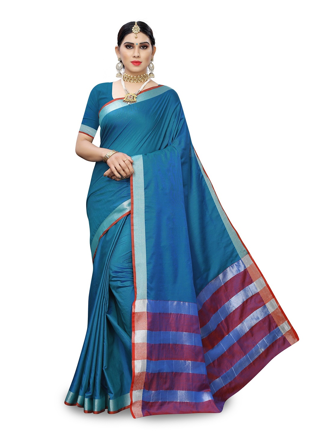 

KALINI Zari Silk Cotton Kanjeevaram Saree, Teal