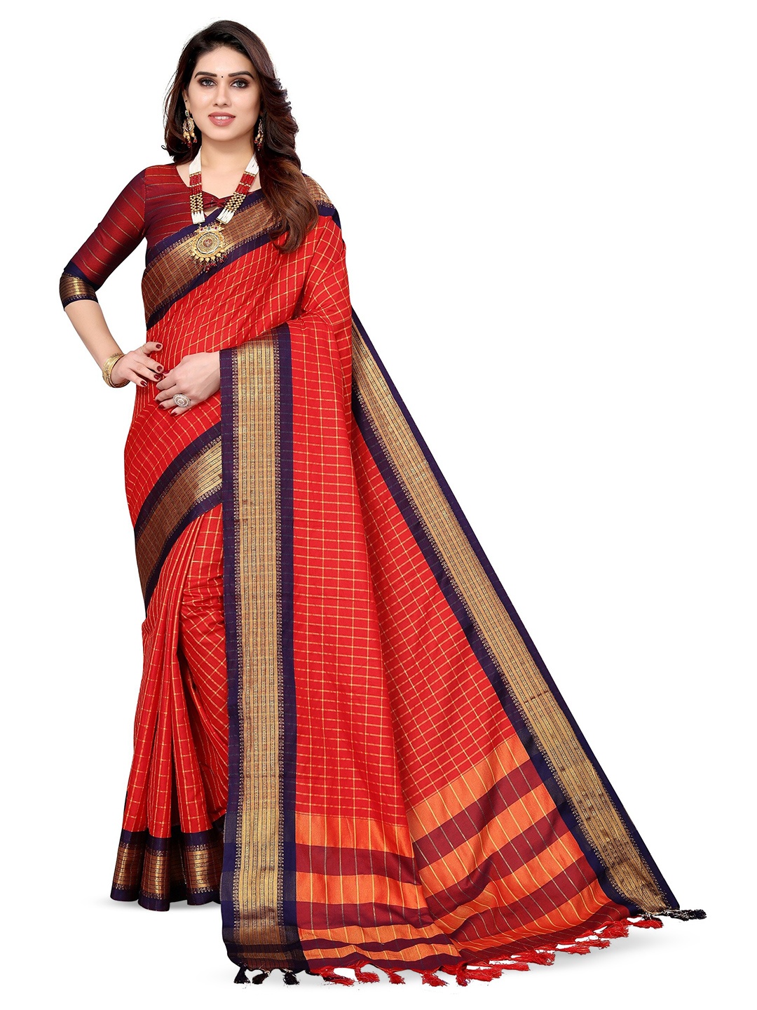 

KALINI Checked Zari Silk Cotton Kanjeevaram Saree, Red