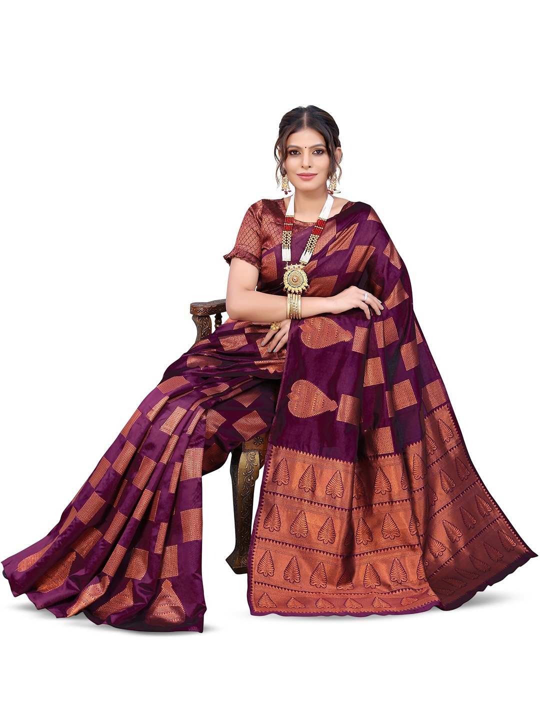 

KALINI Ethnic Motifs Woven Design Zari Silk Cotton Kanjeevaram Saree, Purple