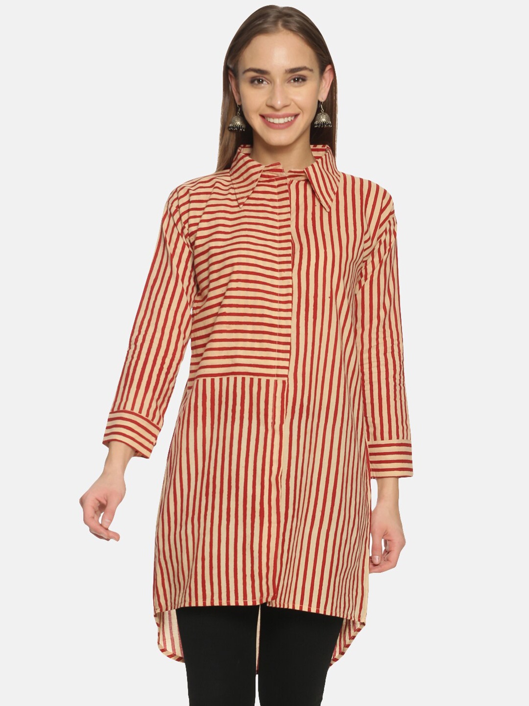 

Weaves of Tradition Comfort Striped Casual Spread Collar Cotton Oversized Shirt, Beige