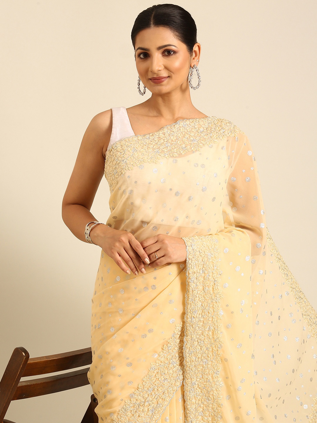 

MAHALASA Embellished Embroidered Beads & Stones-Studded Pure Georgette Saree, Yellow
