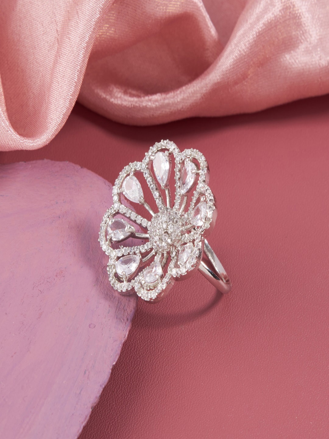 

SATJEWEL Rhodium-Plated Cubic Zirconia-Studded Ring, Silver
