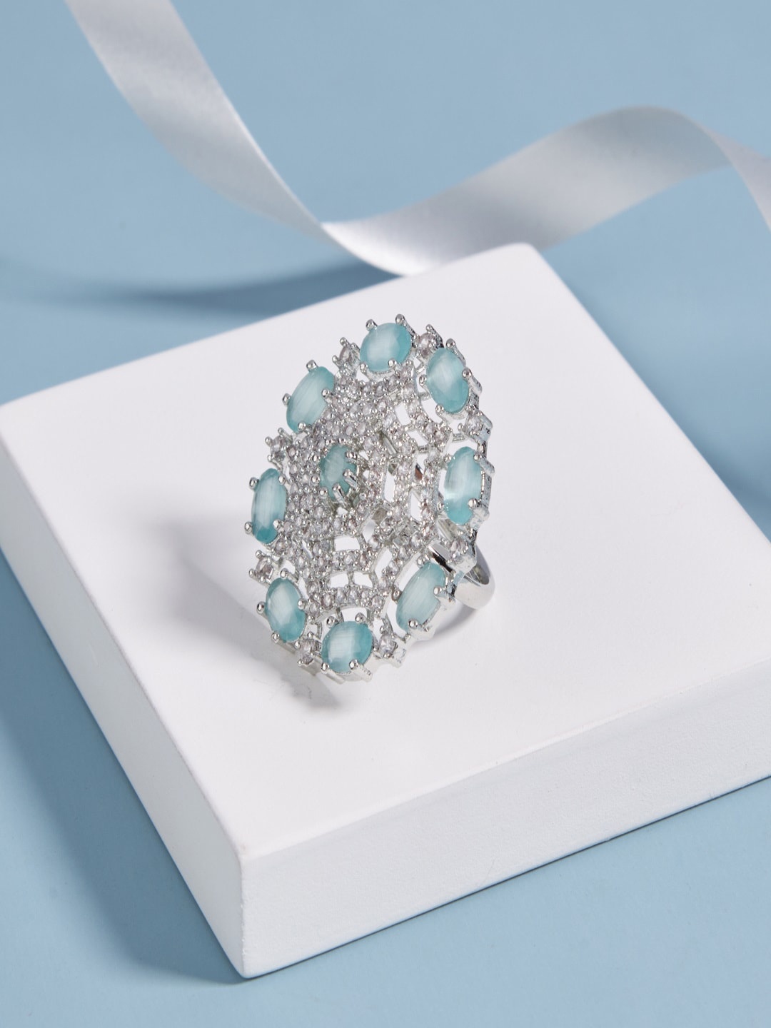 

SATJEWEL Rhodium-Plated Cubic Zirconia Stone Studded Ring, Silver