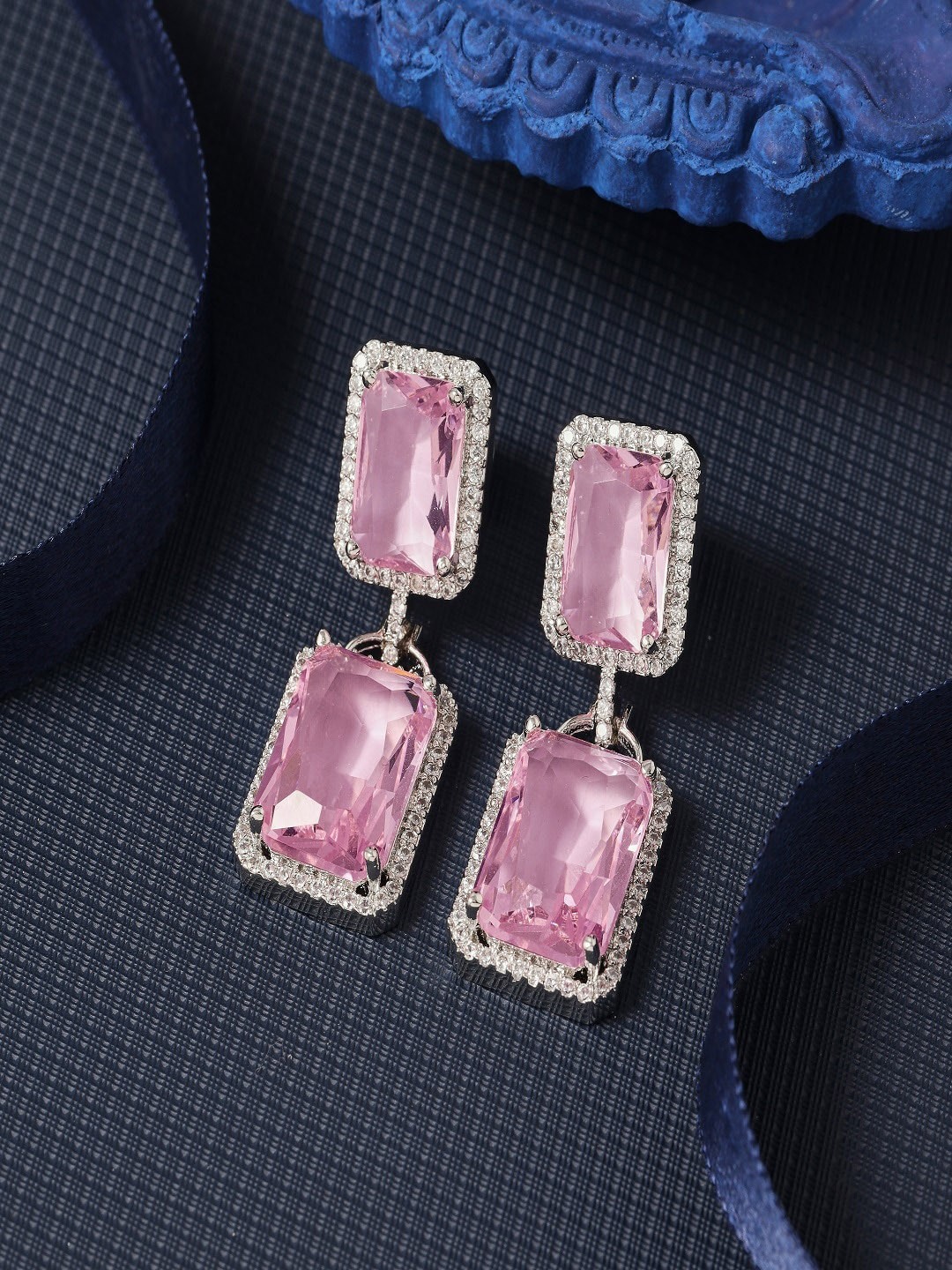 

SATJEWEL Rhodium-Plated Cubic Zirconia Studded Drop Earrings, Silver