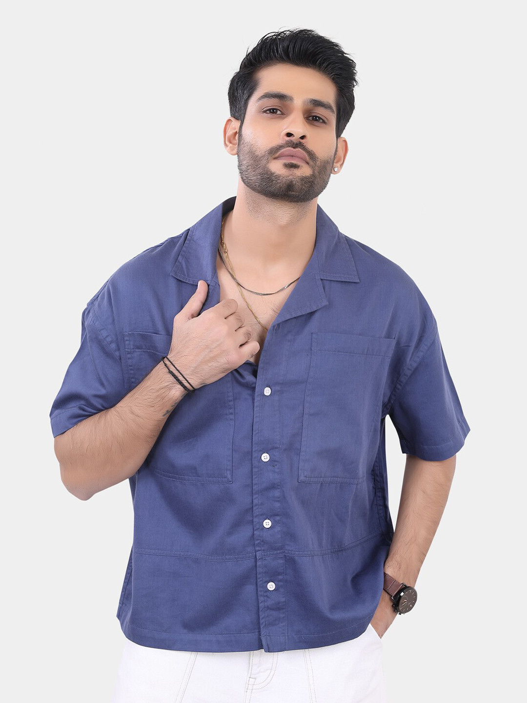 

VASTRADO Classic Club Collar Short Sleeves Cropped Cotton Oversized Casual Shirt, Blue