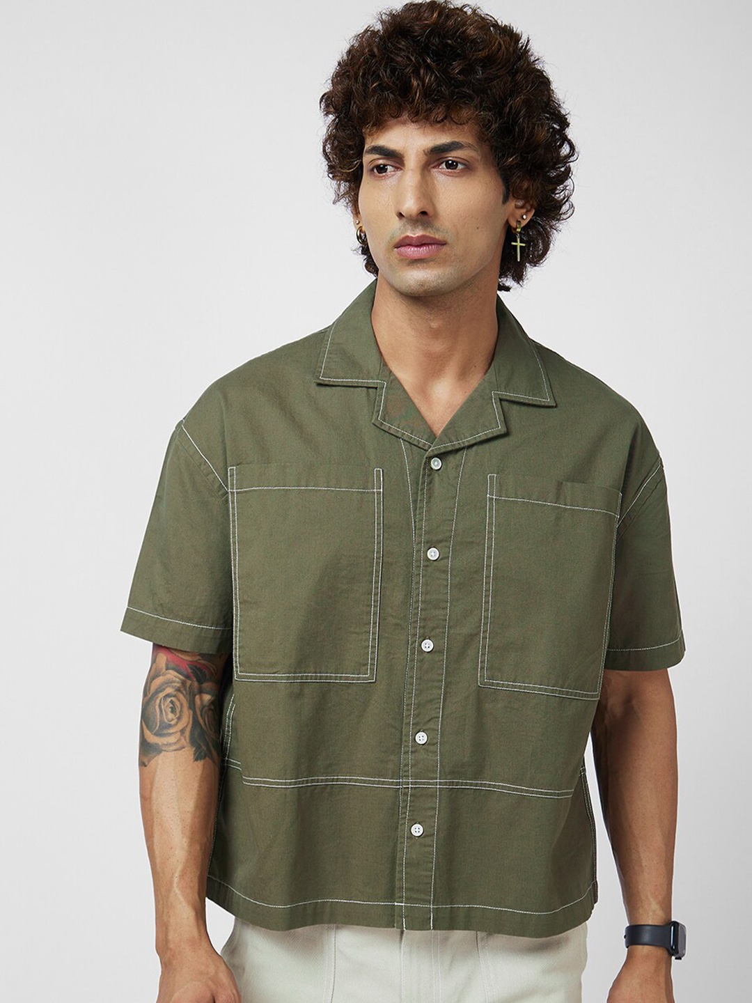 

VASTRADO Club Collar Short Sleeves Cropped Cotton Oversized Casual Shirt, Olive
