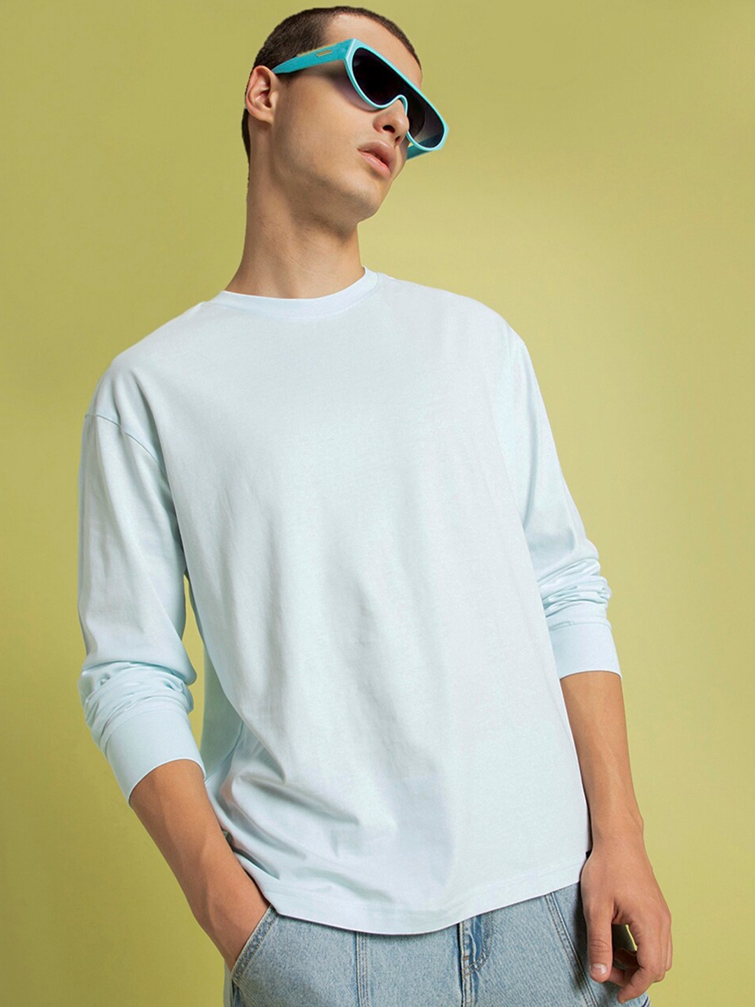 

Bewakoof Drop-Shoulder Sleeves Oversized Cotton T-shirt, Blue