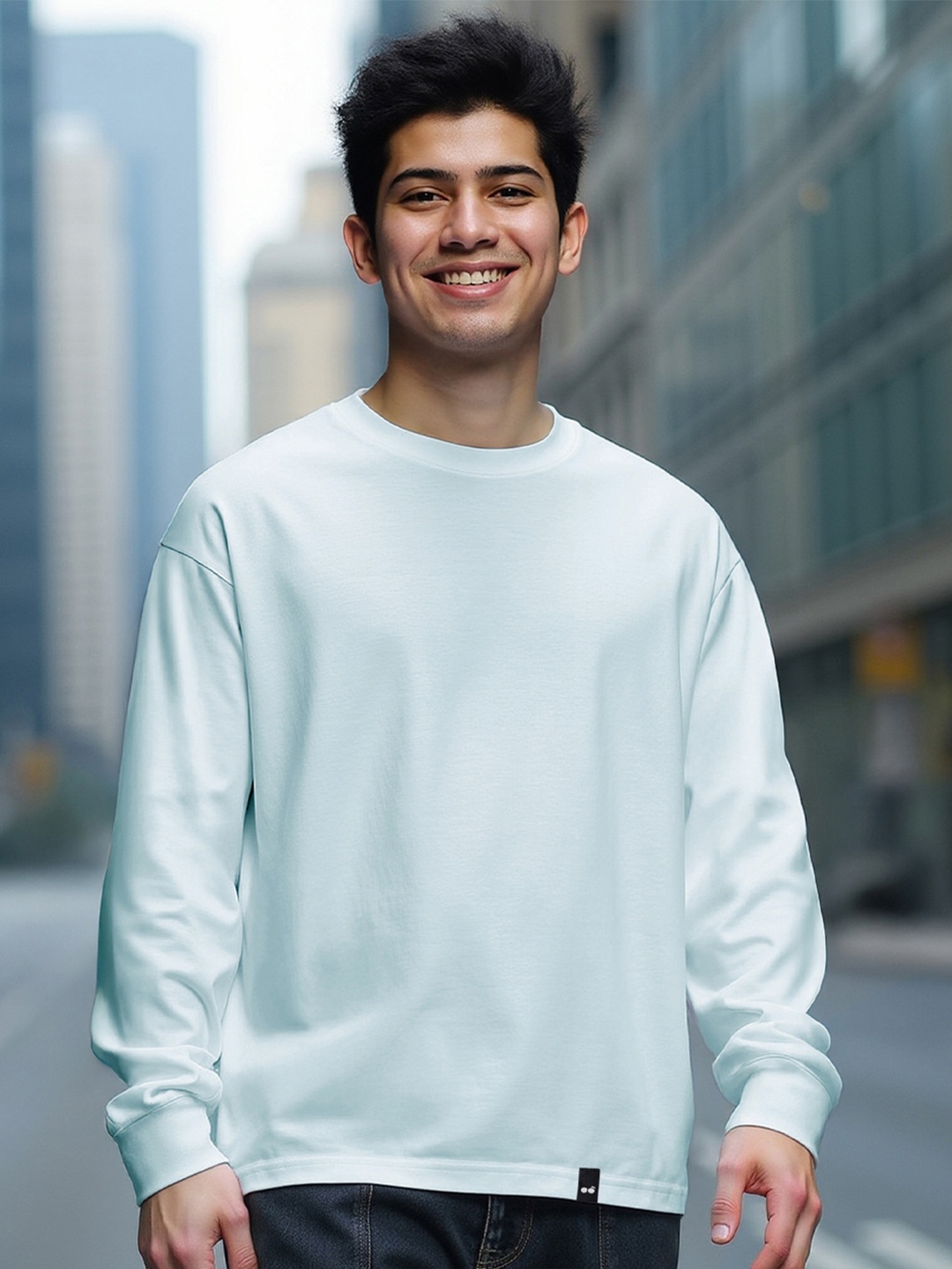 

Bewakoof Drop-Shoulder Sleeves Oversized Cotton T-shirt, Blue