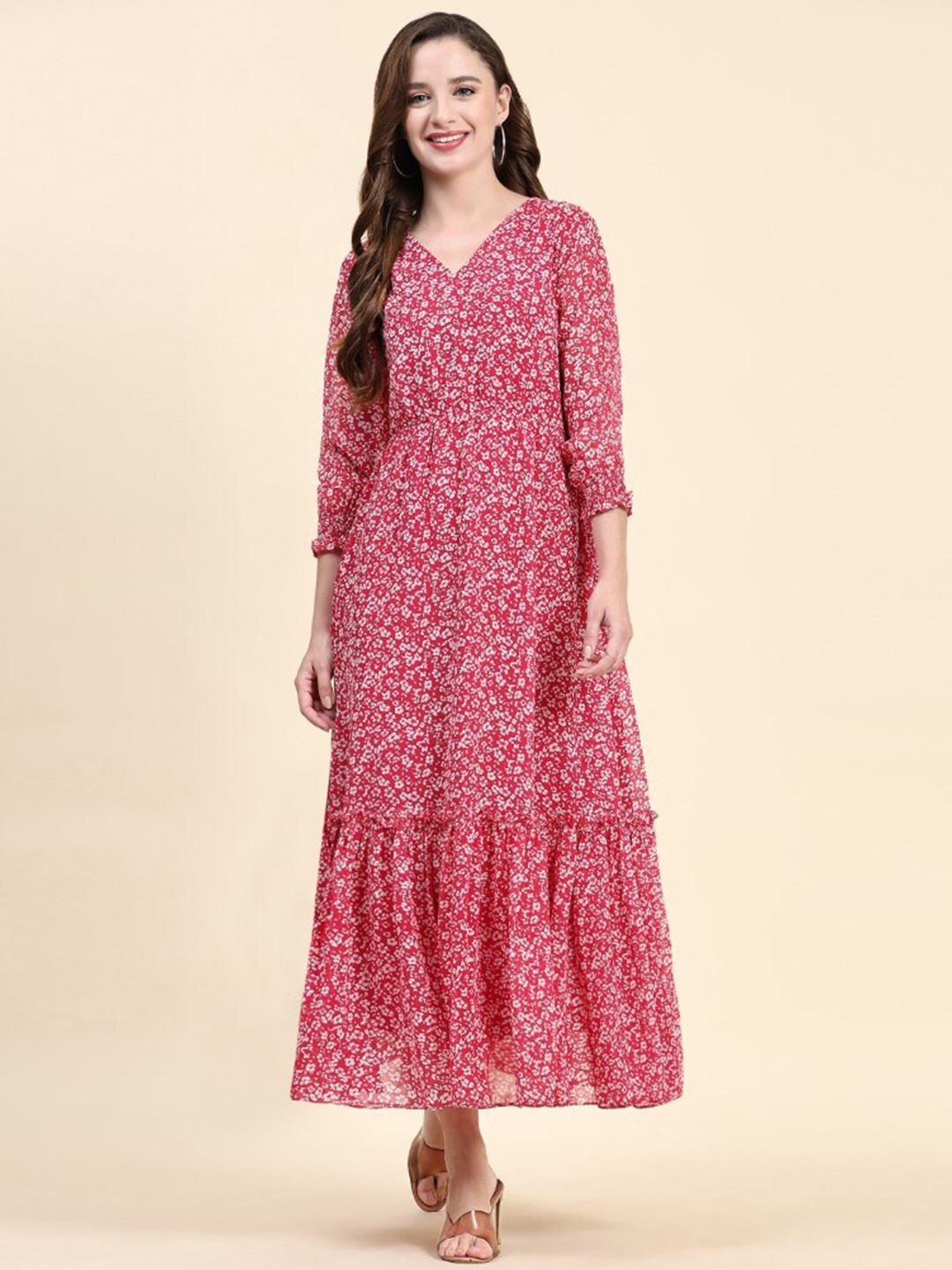 

BAESD Floral Printed Gathered Detailed Puff Sleeves Tiered Fit & Flare Dress, Pink