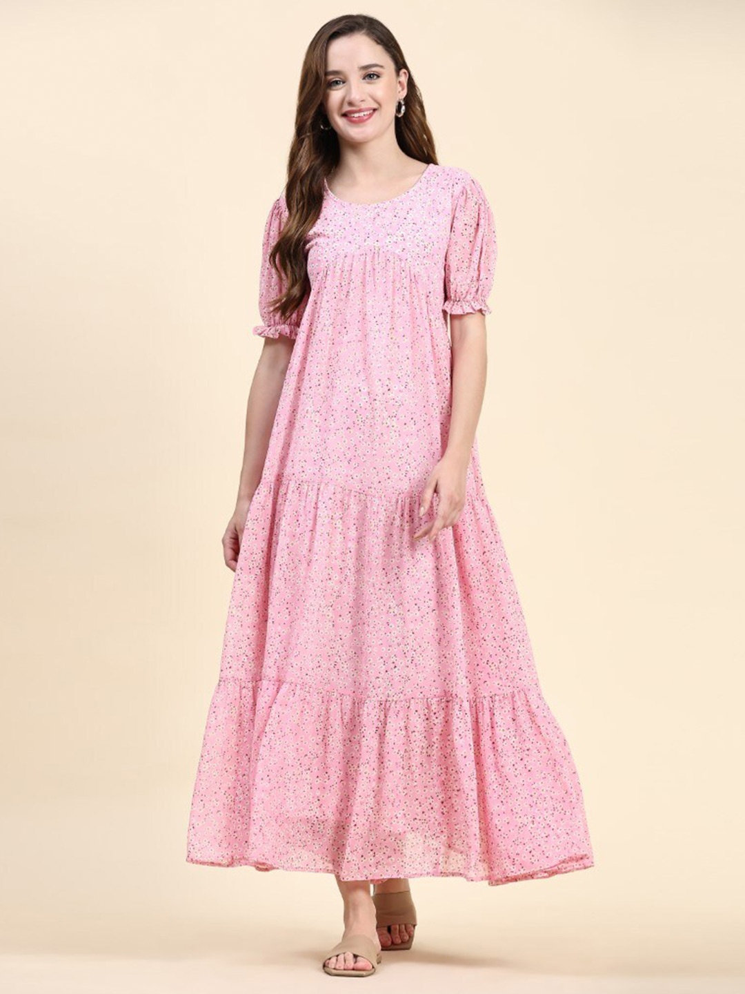 

BAESD Floral Printed Gathered Detailed Puff Sleeves Fit & Flare Dress, Pink