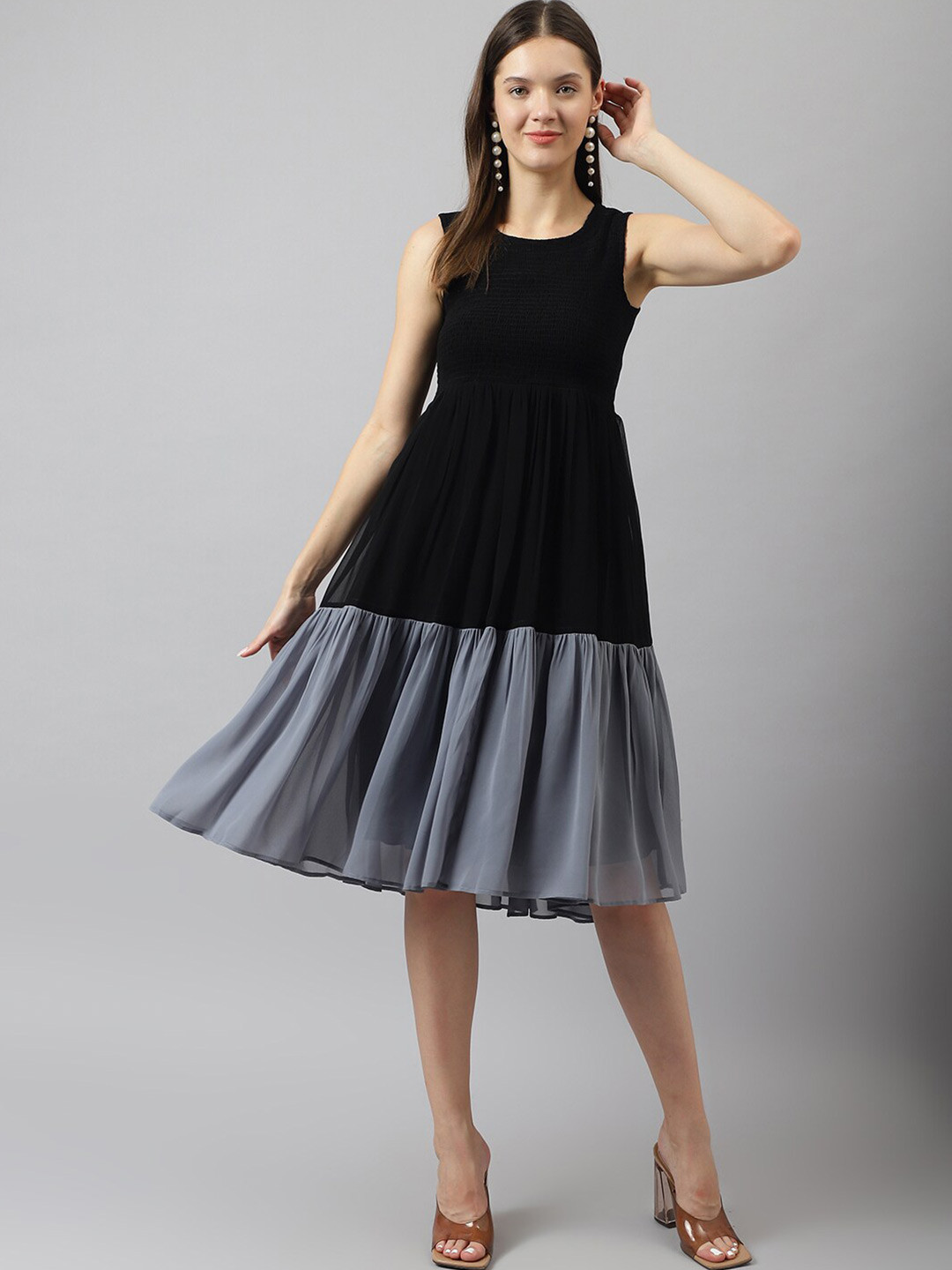

BAESD Gathered Detailed Tiered Fit & Flare Dress, Black