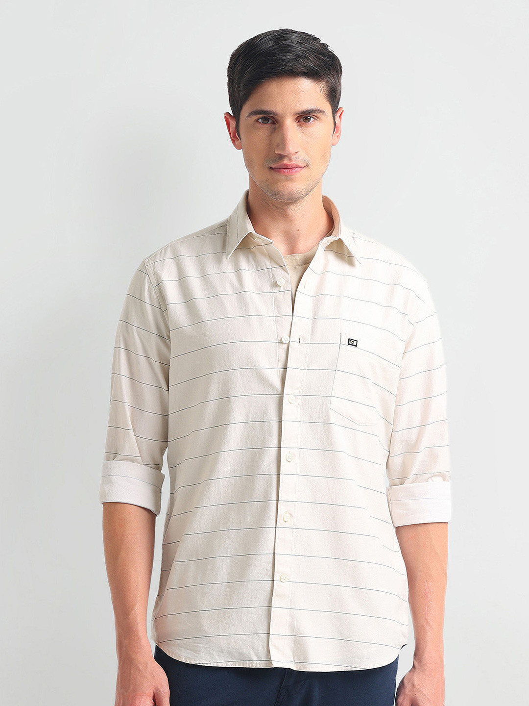 

Arrow Sport Slim Fit Horizontal Stripes Opaque Twill Weave Cotton Casual Shirt, Beige