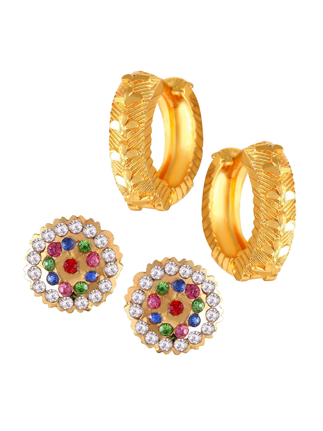 

Vighnaharta Set of 2 Gold-Plated Cubic Zirconia Studded Studs & Hoop Earrings