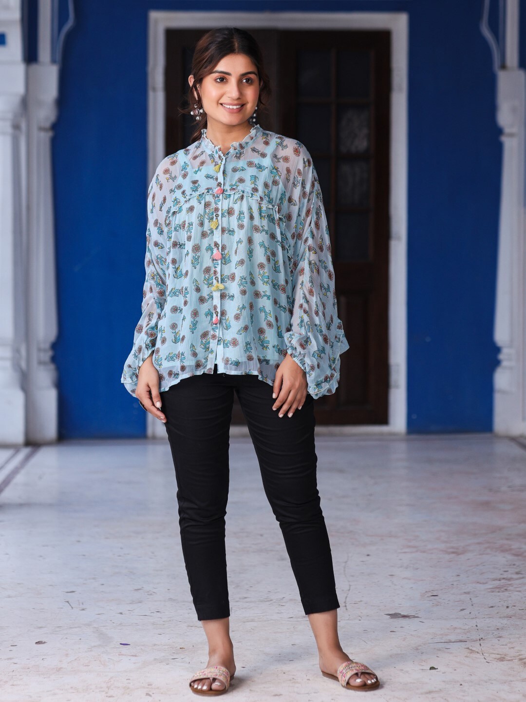 

Juniper Floral Printed Ruffled Chiffon Tunic, Blue