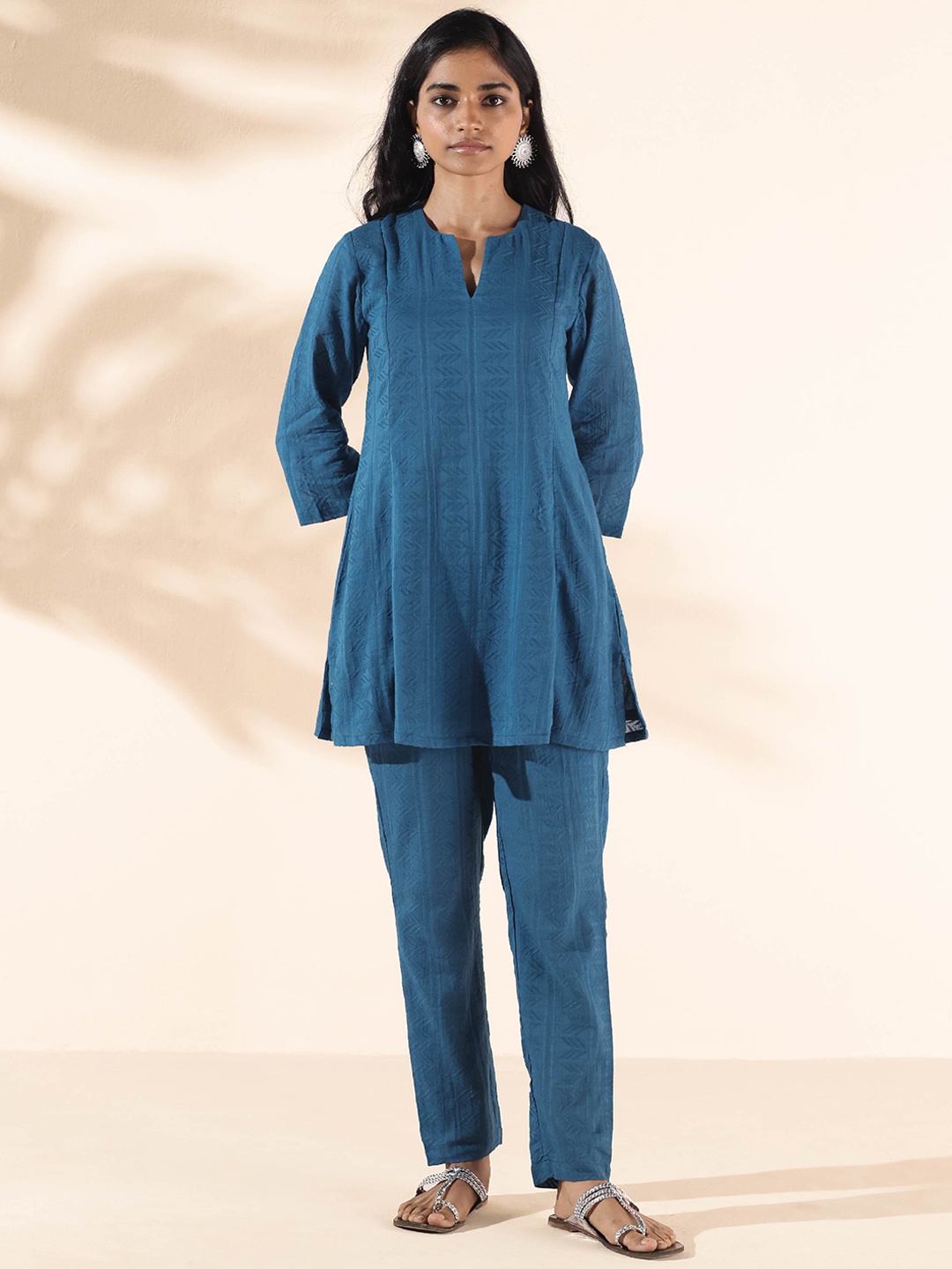 

trueBrowns Malang Self-Design Dobby Pure Cotton A-Line Tunic With Trousers Co-Ords, Teal