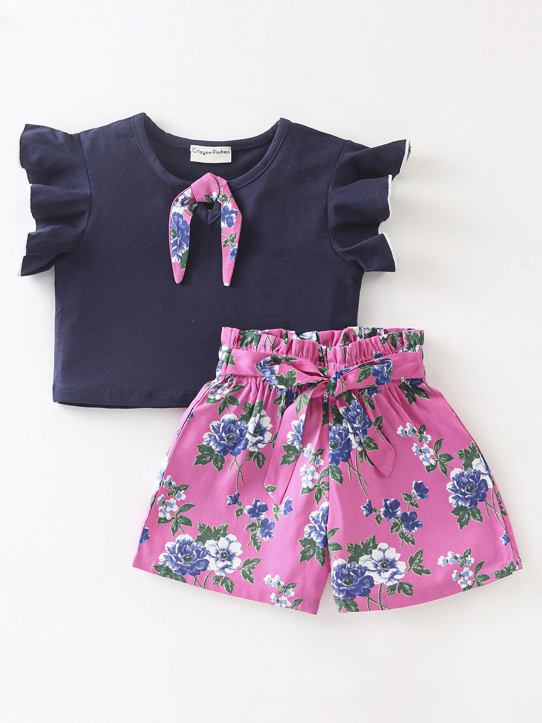 

CrayonFlakes Girls Flutter Sleeves Top With Shorts, Pink