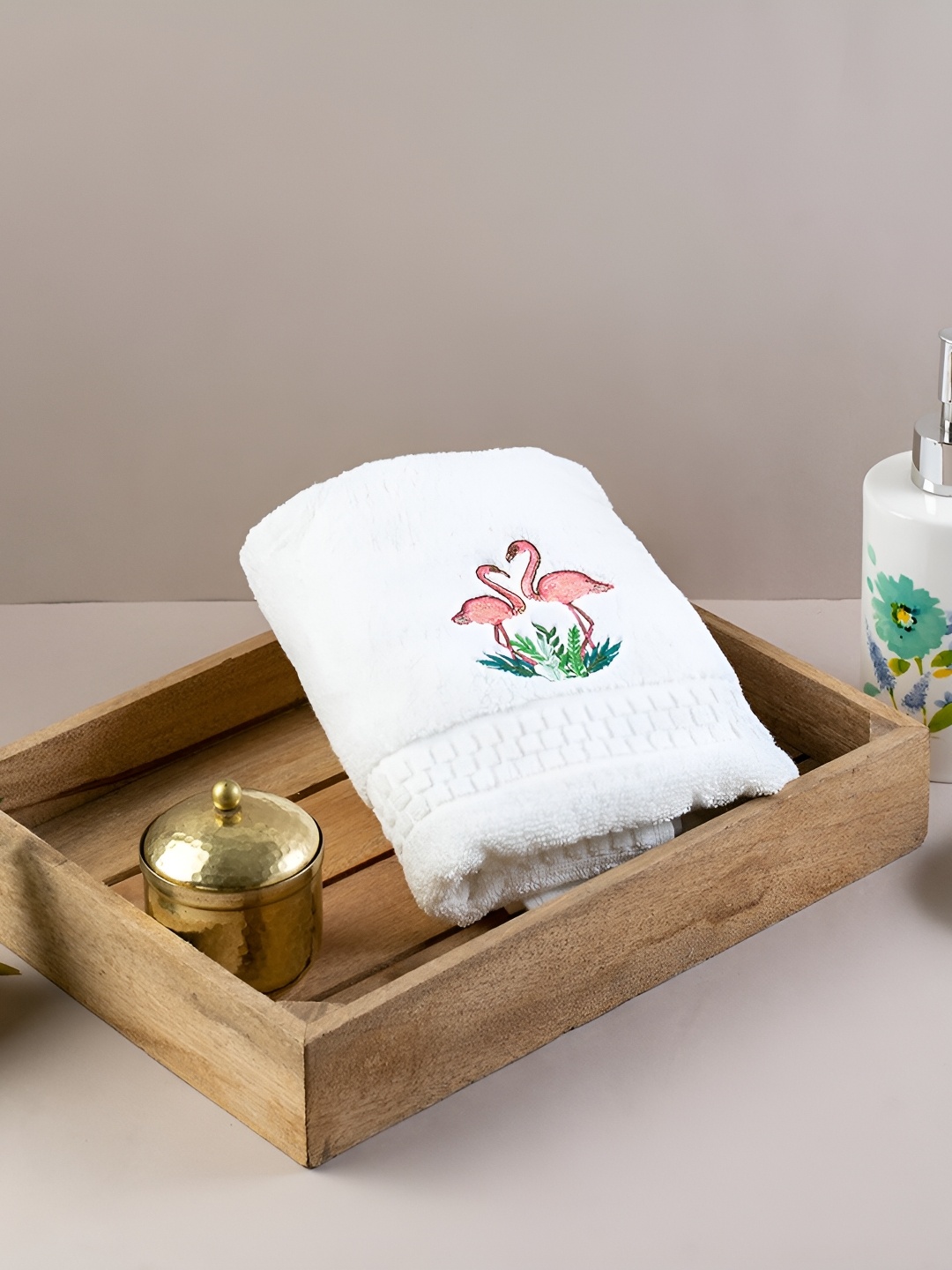 

KOLOROBIA White & Pink Tropical Flamingos Embroidered Cotton Hand Towel
