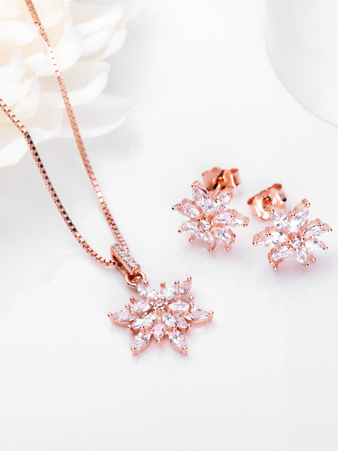 

Zavya 925 Pure Silver Rose Gold-Plated CZ Studded Pendant & Earrings