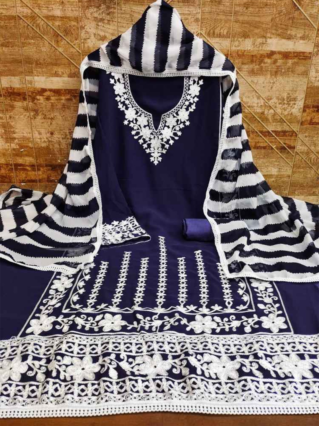 

faxofab Embroidered Unstitched Dress Material, Navy blue