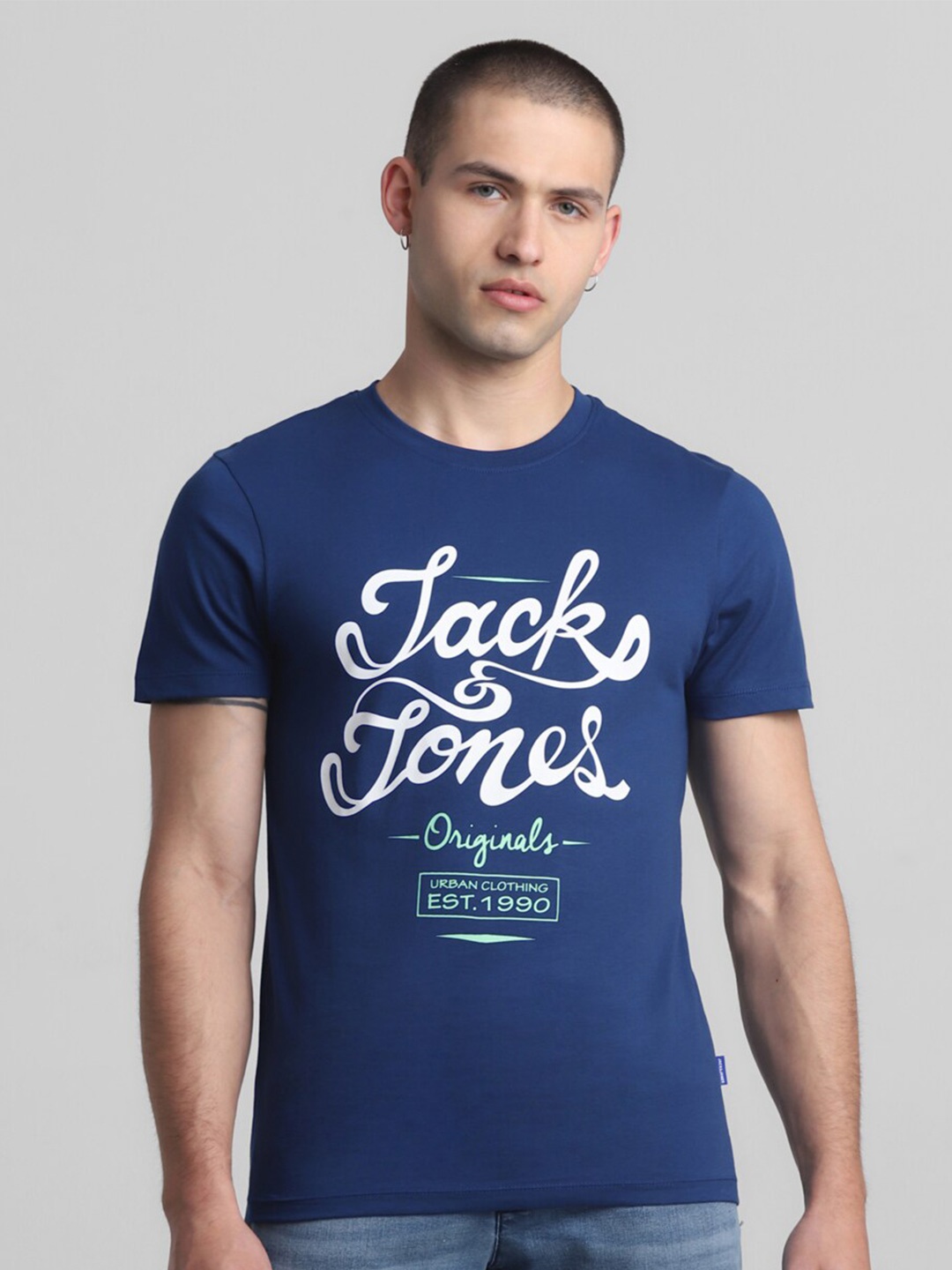 

Jack & Jones Typography Printed Slim Fit Round Neck Cotton T-shirt, Blue
