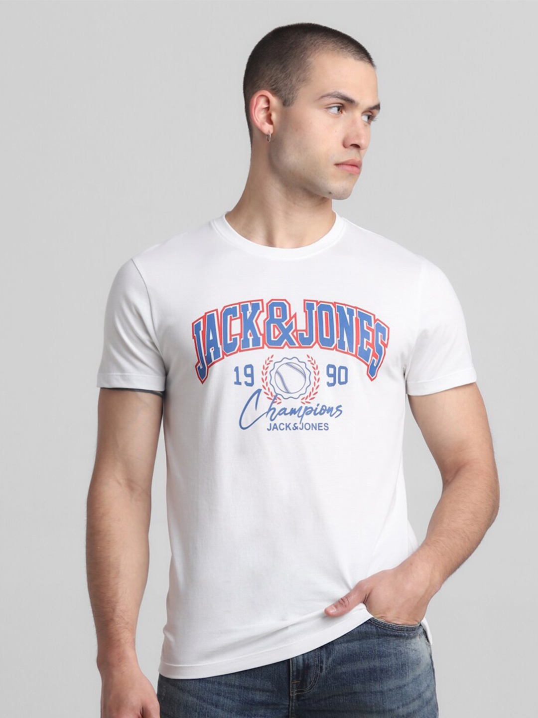 

Jack & Jones Typography Printed Slim Fit Round Neck Cotton T-shirt, White