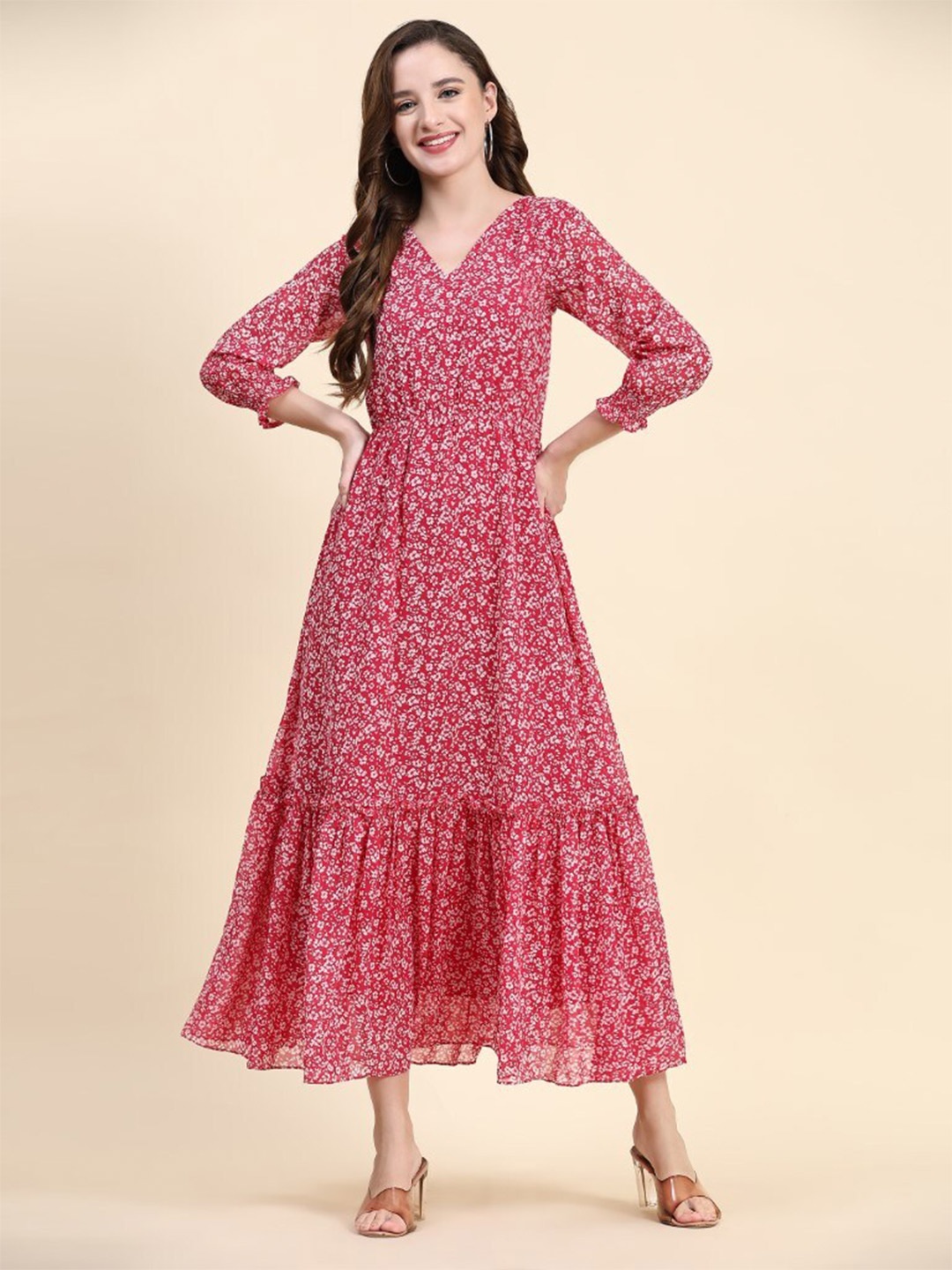 

BAESD Floral Print V-Neck Georgette Tiered Maxi Dress, Pink