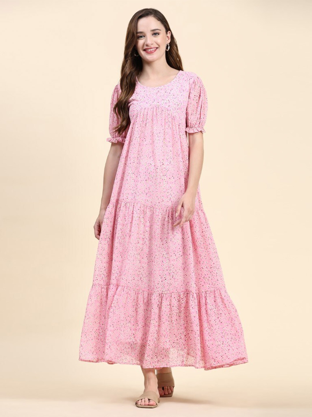 BAESD Floral Printed Round Neck Georgette Maxi Dress, Pink