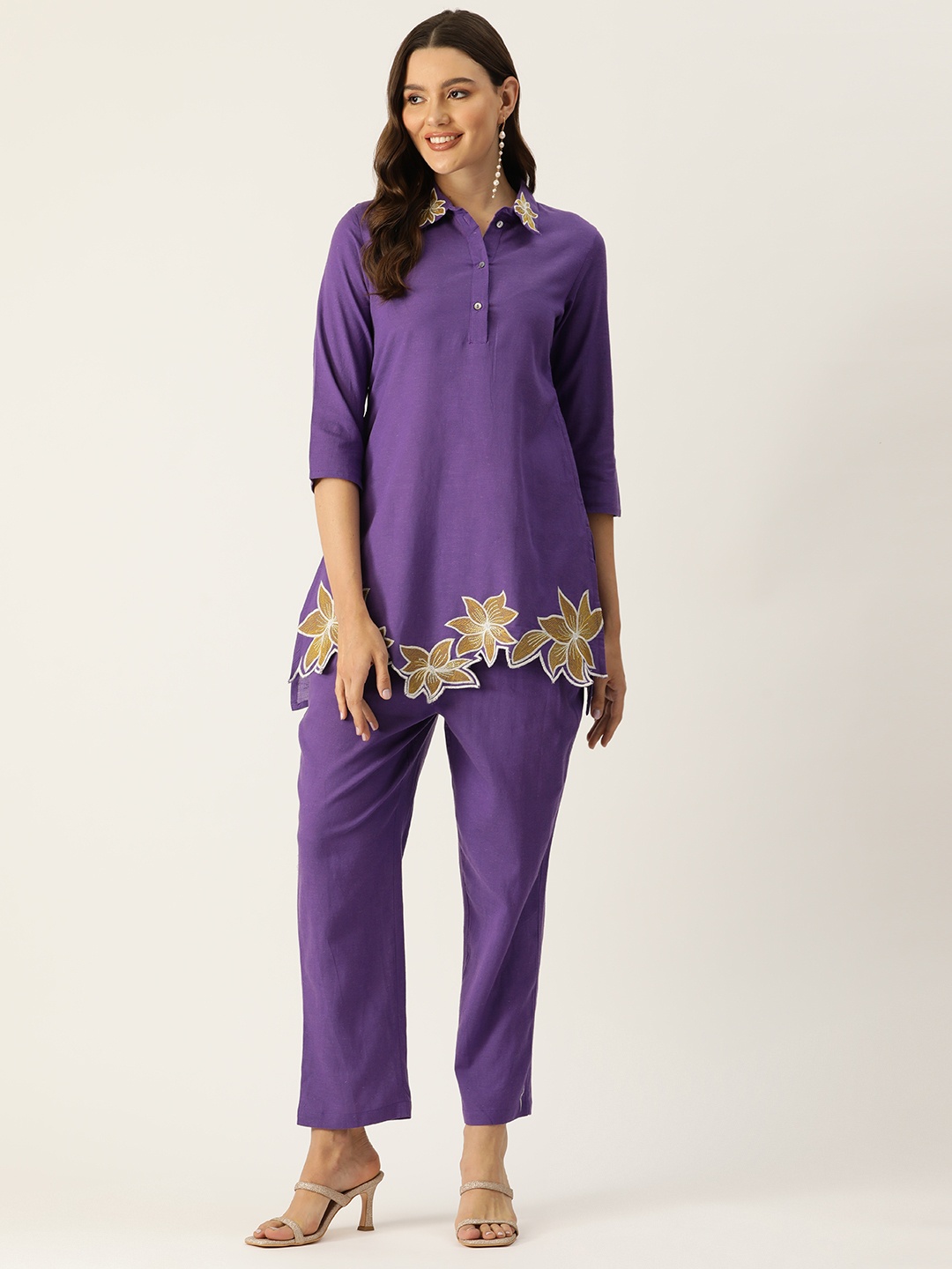 

MISRI Floral Embroidered Tunic & Trousers, Purple