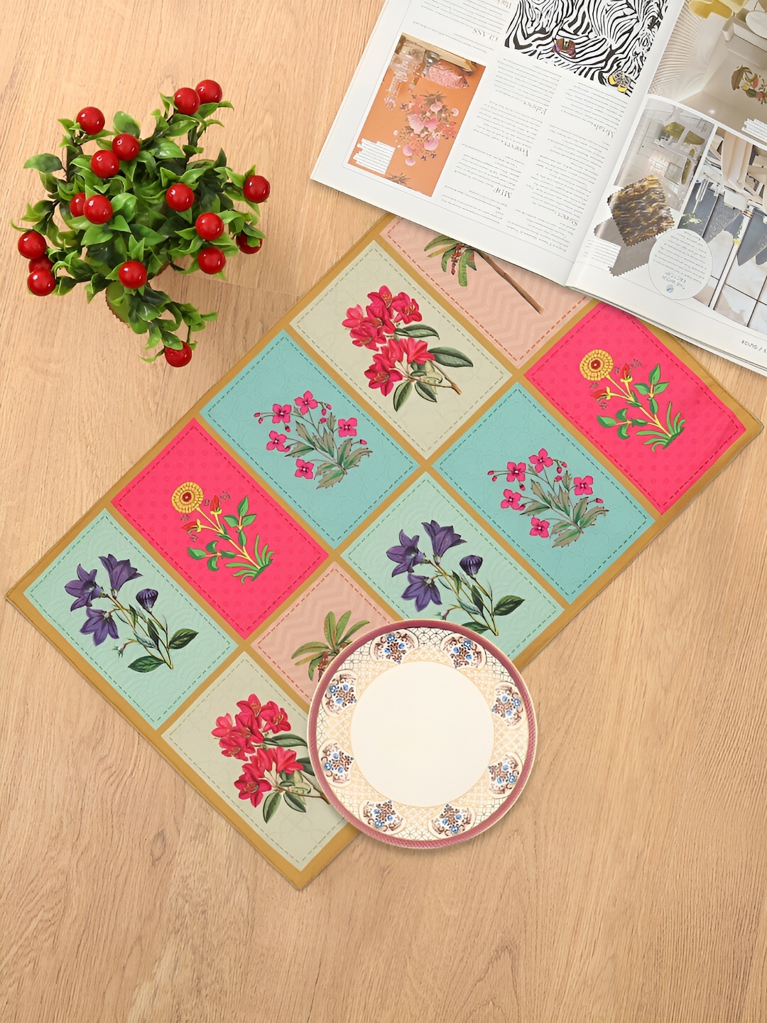 

India Circus by Krsnaa Mehta Pink & Blue 6 Pcs Blossom Treasure Printed Cotton Table Mats