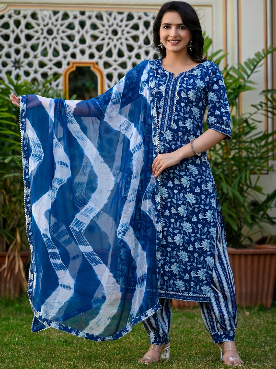 

D K W Floral Printed Pure Cotton Kurta with Salwar & Dupatta, Navy blue