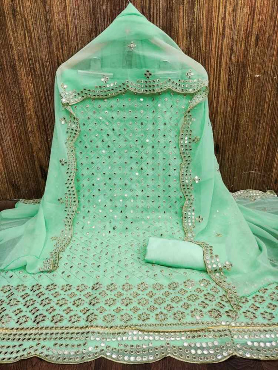 

faxofab Ethnic Motifs Embroidered Mirror Work Unstitched Dress Material, Sea green
