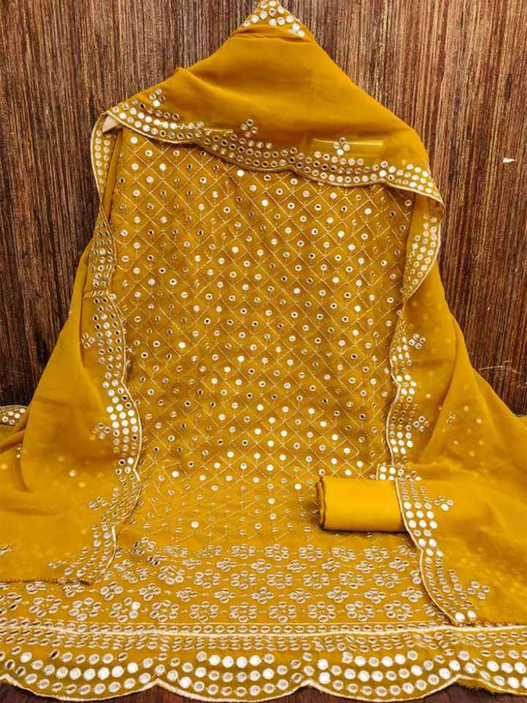 

faxofab Ethnic Motifs Embroidered Mirror Work Unstitched Dress Material, Gold