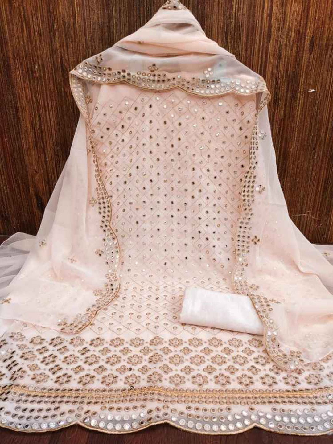 faxofab Ethnic Motifs Embroidered Mirror Work Unstitched Dress Material, Peach
