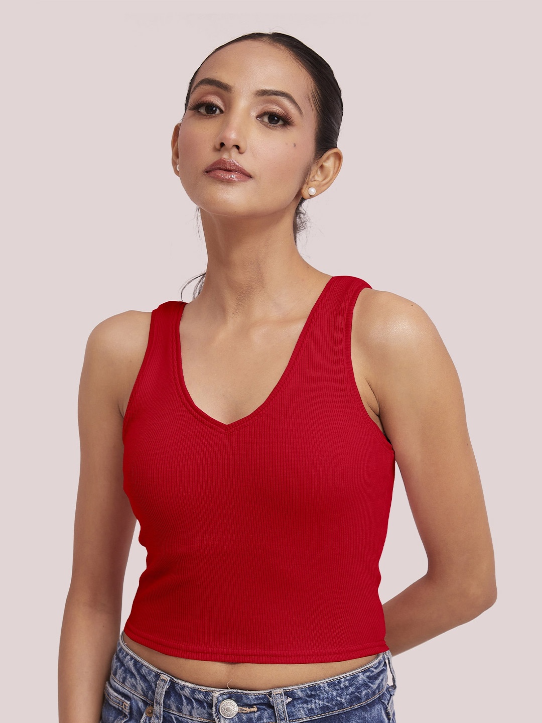 

BerryBird Cotton V-Neck Sleeveless Opaque Fitted Crop Top, Red