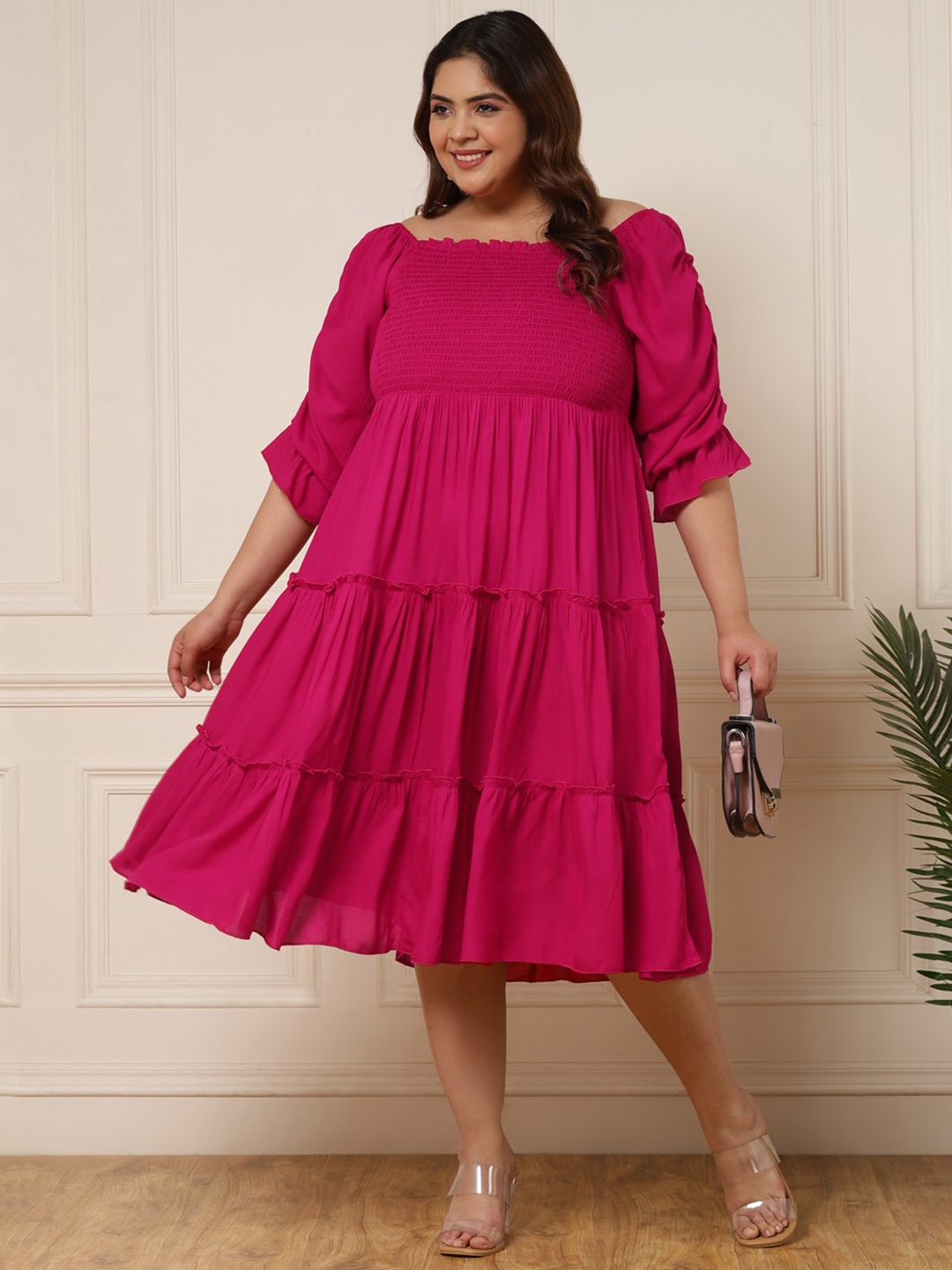 

DEEBACO Plus size Puff Sleeve Empire Midi Dress, Magenta