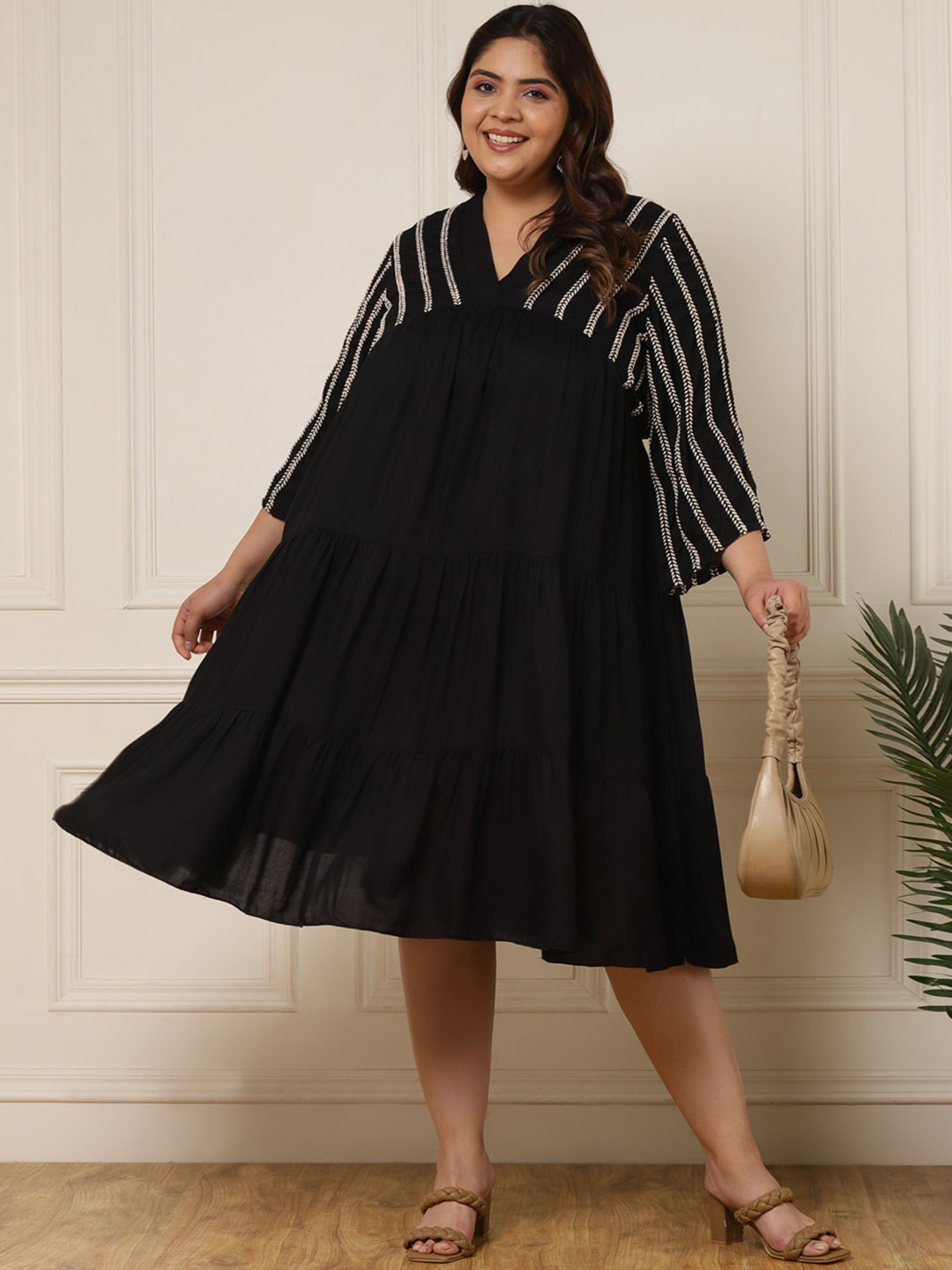 

DEEBACO Plus Size Puff Sleeve A-Line Dress, Black