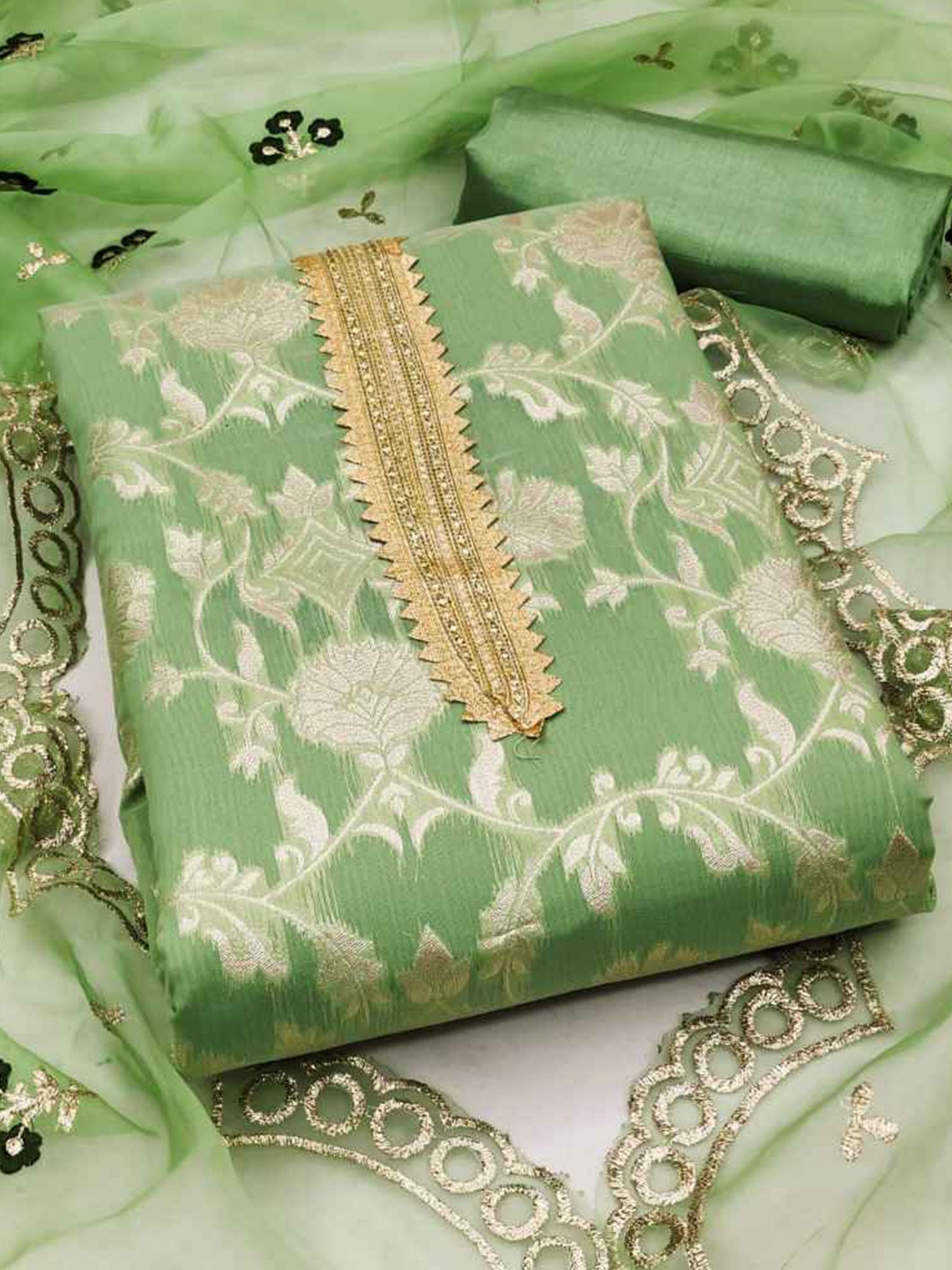 

faxofab Embroidered Silk Georgette Unstitched Dress Material, Green