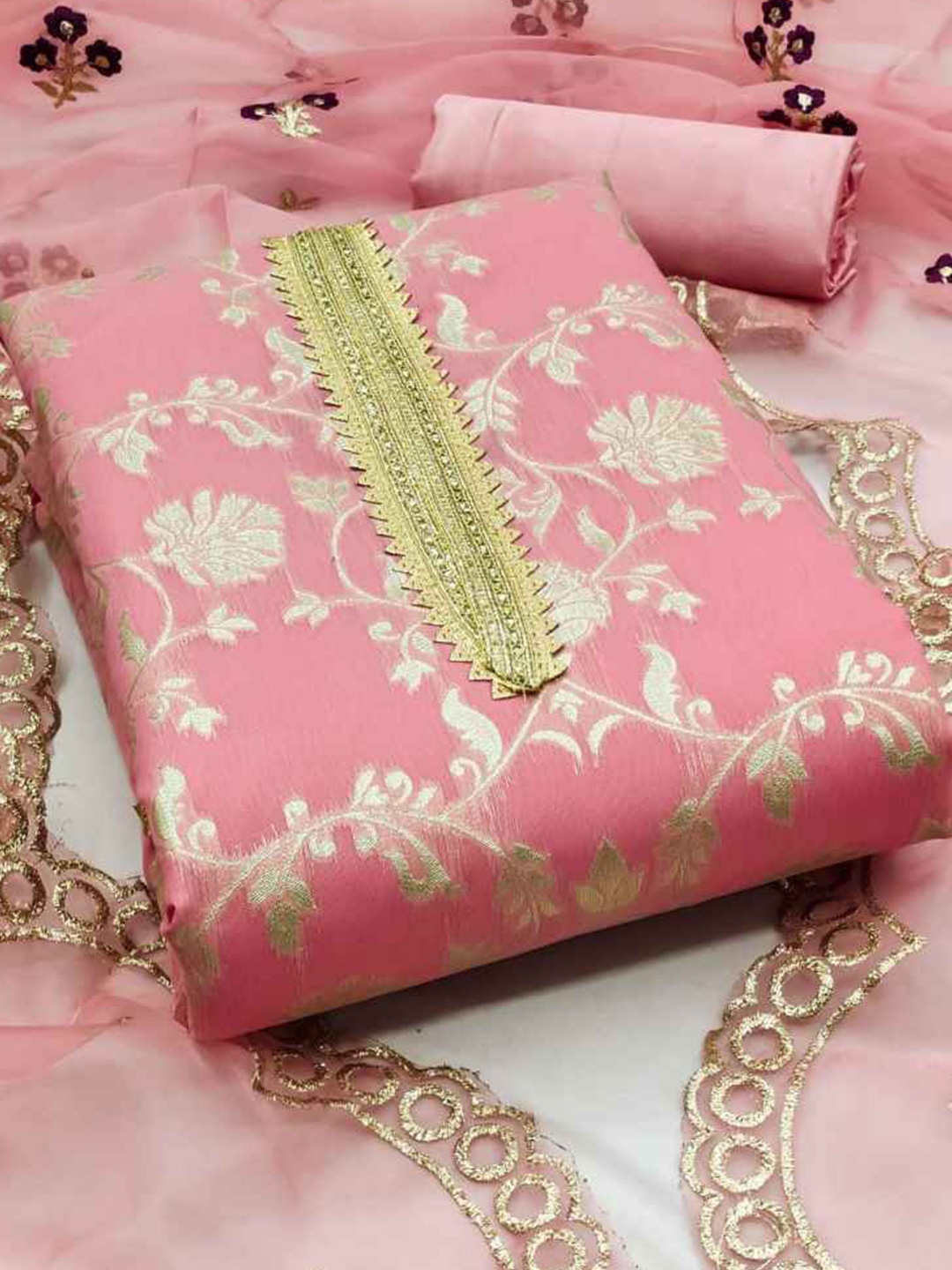 

faxofab Embroidered Silk Georgette Unstitched Dress Material, Pink