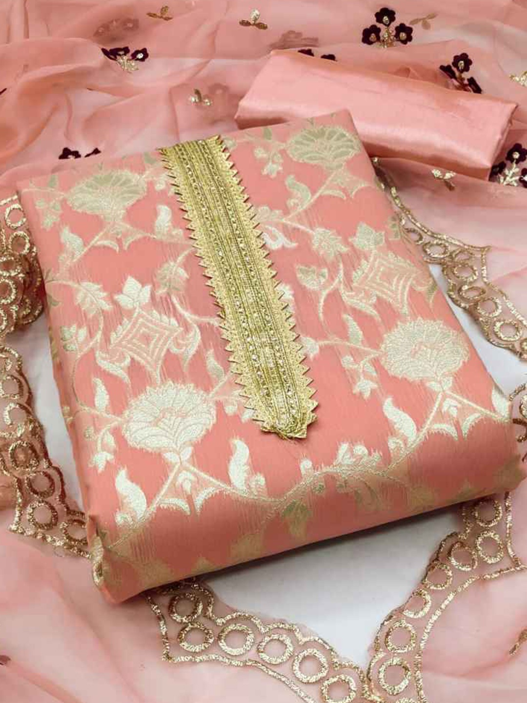 

faxofab Embroidered Silk Georgette Unstitched Dress Material, Peach