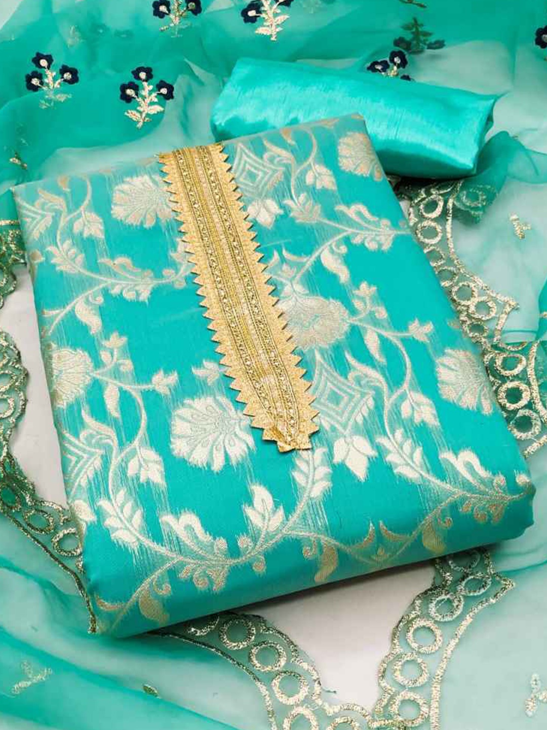 

faxofab Embroidered Silk Georgette Unstitched Dress Material, Blue