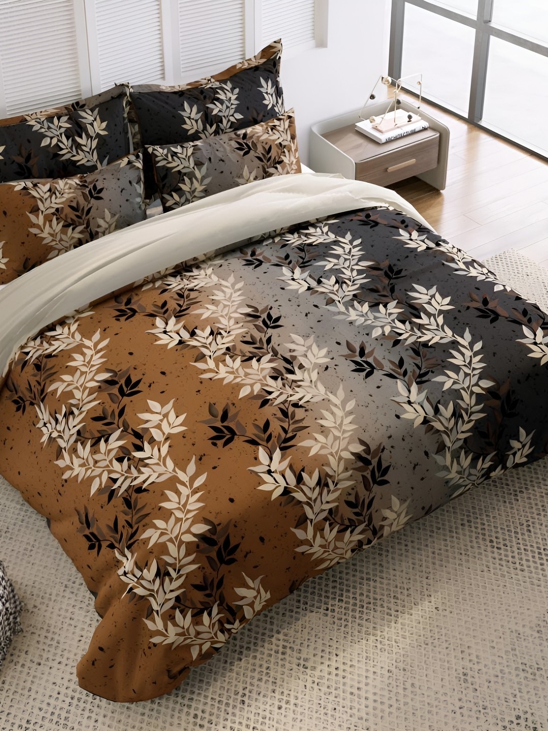 

THE HOME STYLE Grey & Brown 300 TC Cotton Queen Bedsheet with 2 Pillow Covers