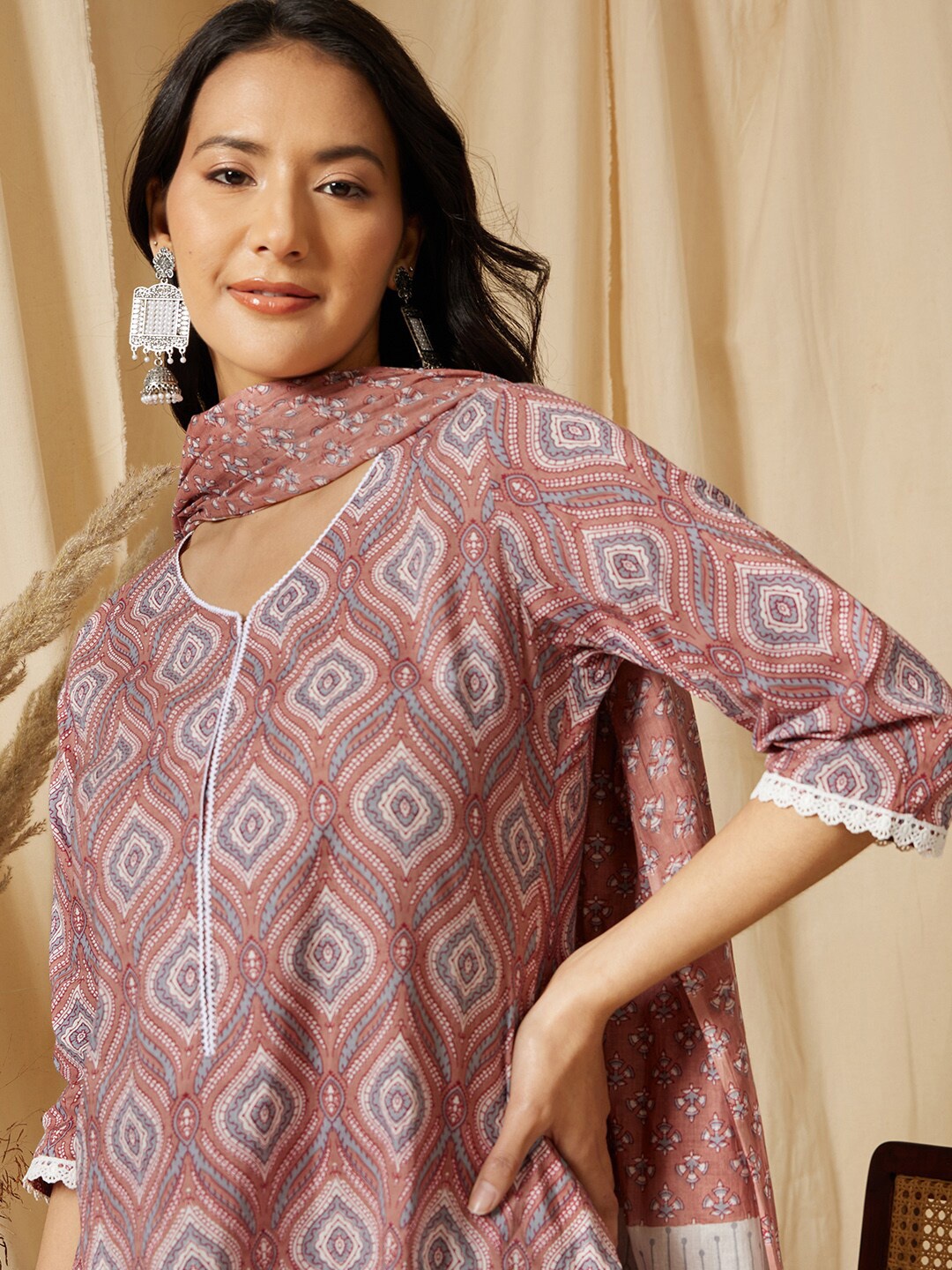 

Ginni Arora Label Ethnic Motifs Printed V-Neck Pure Cotton Kurta with Trousers & Dupatta, Brown