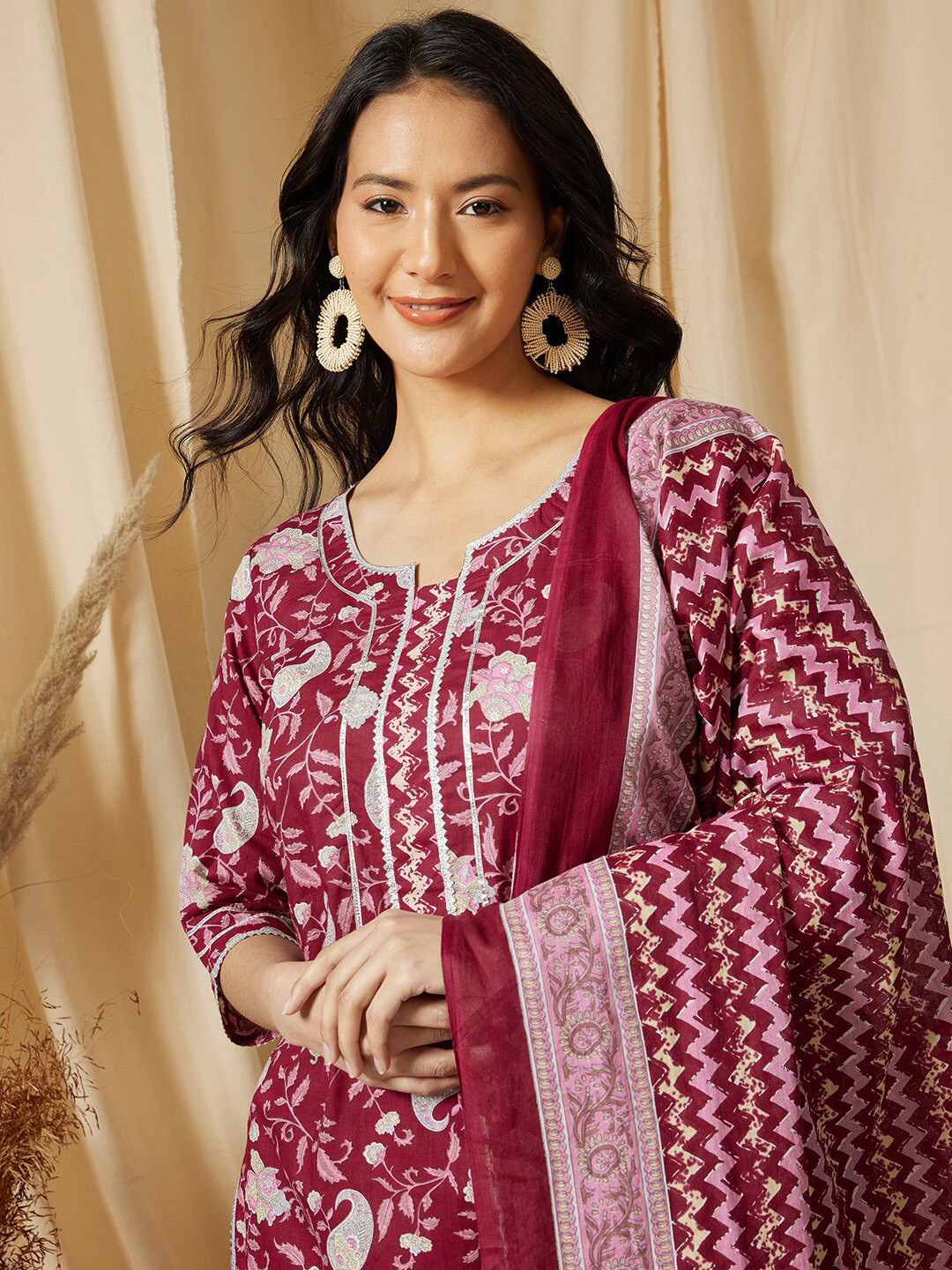 

Ginni Arora Label Ethnic Motifs Printed Round Neck Cotton Kurta with Trousers & Dupatta, Magenta