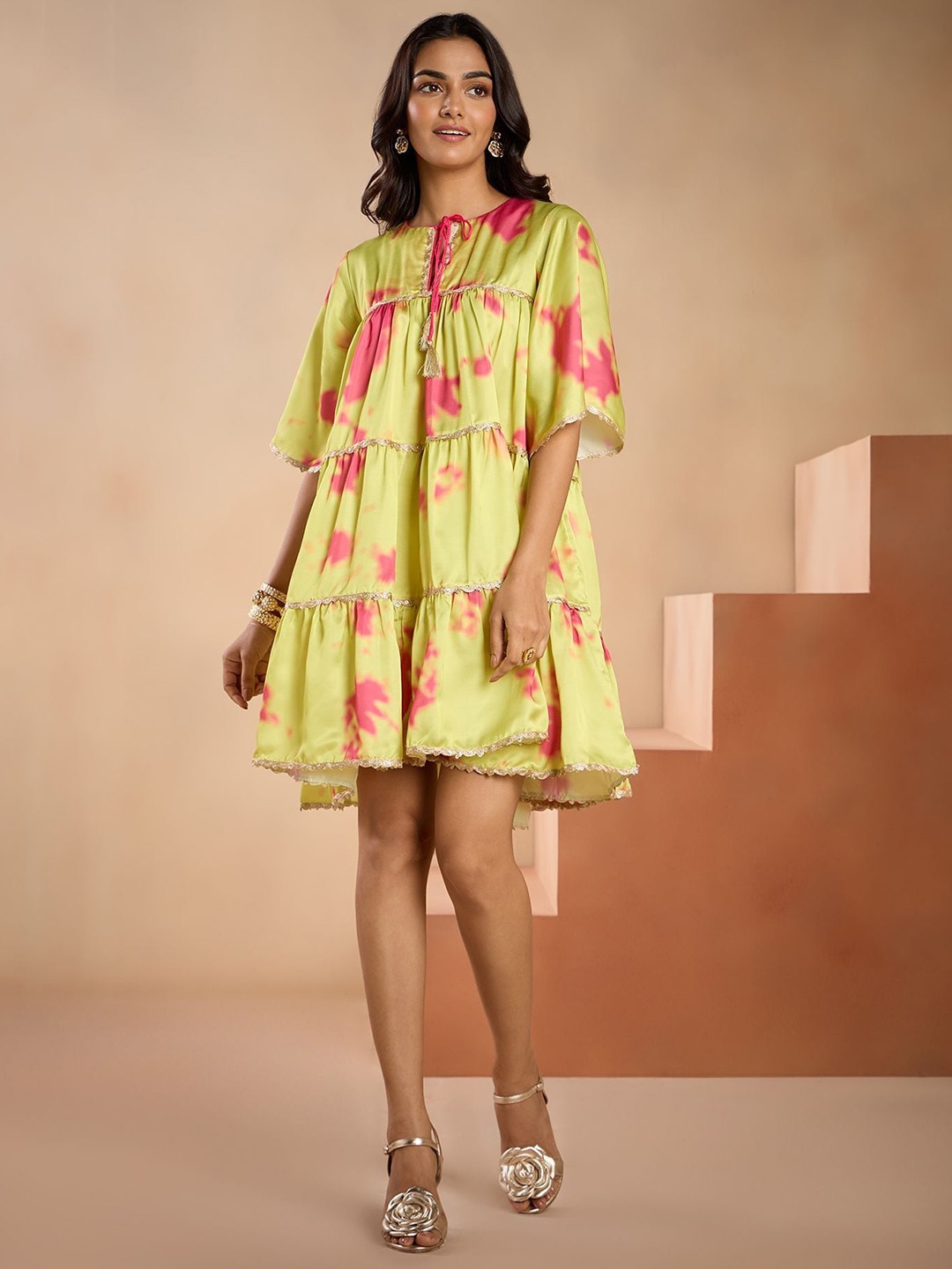 

Gajra Gang Floral Printed Tie-Up Neck Flared Sleeve A-Line Dress, Green