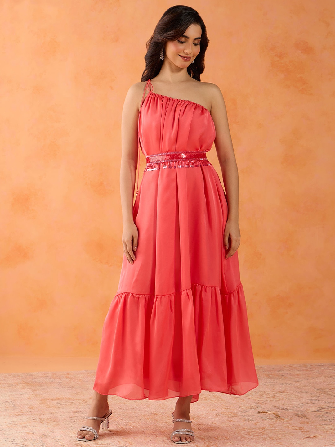 

Gajra Gang Pack Of 2 One Shoulder Satin Tiered Fit & Flare Maxi Dresses, Coral